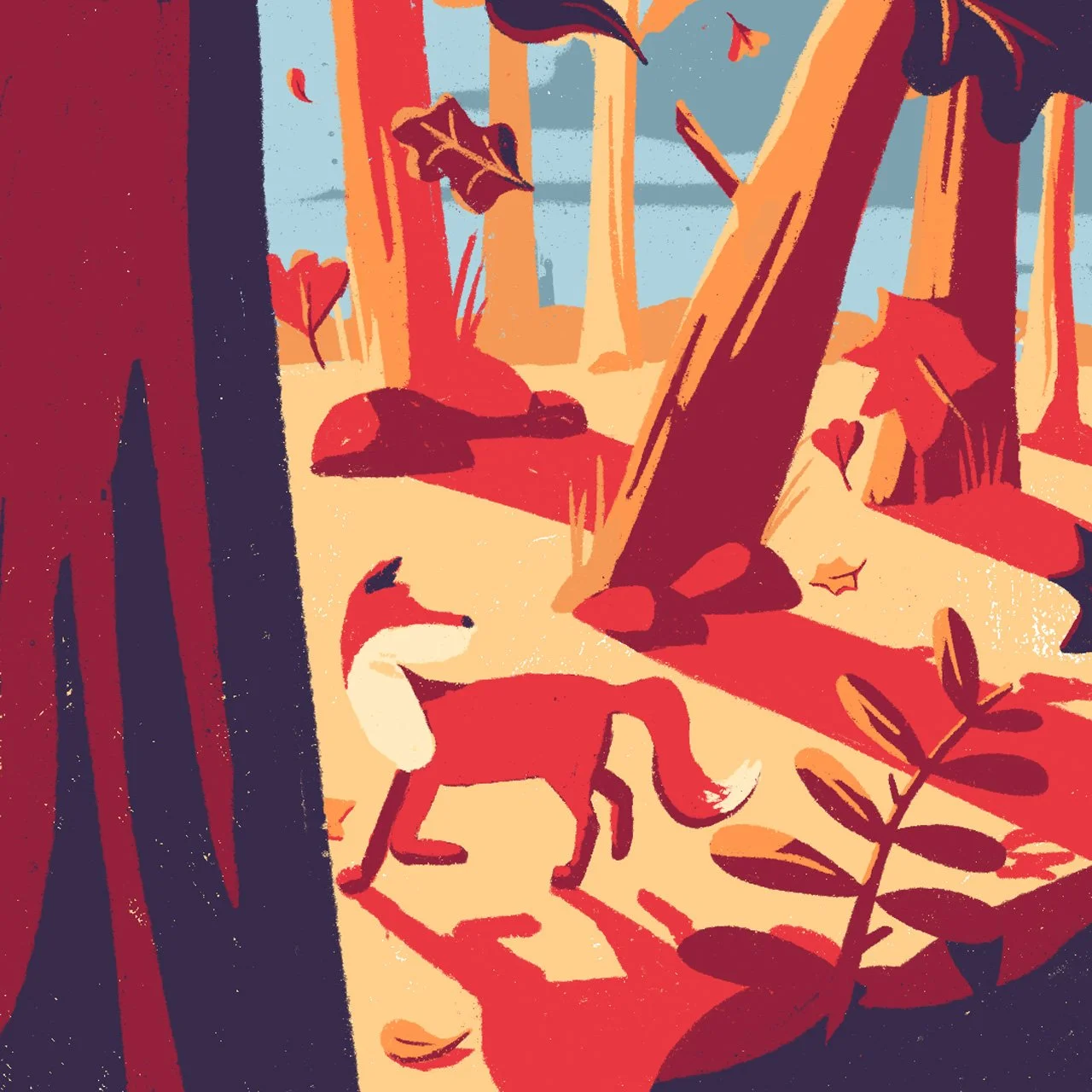 Illustration of a red fox walking through a forest with trees and fallen leaves.