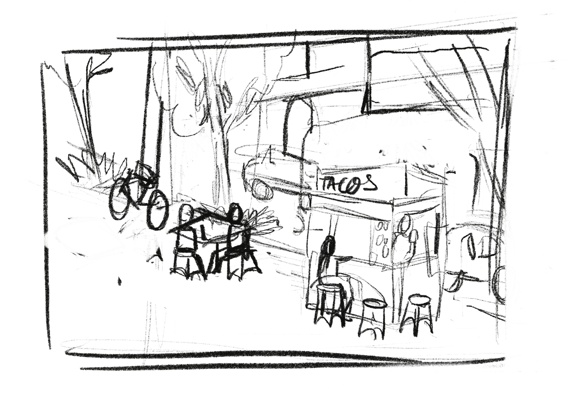Sketch of a street view at night showing a building with signs and shopfronts, and outdoor seating with stools and tables.
