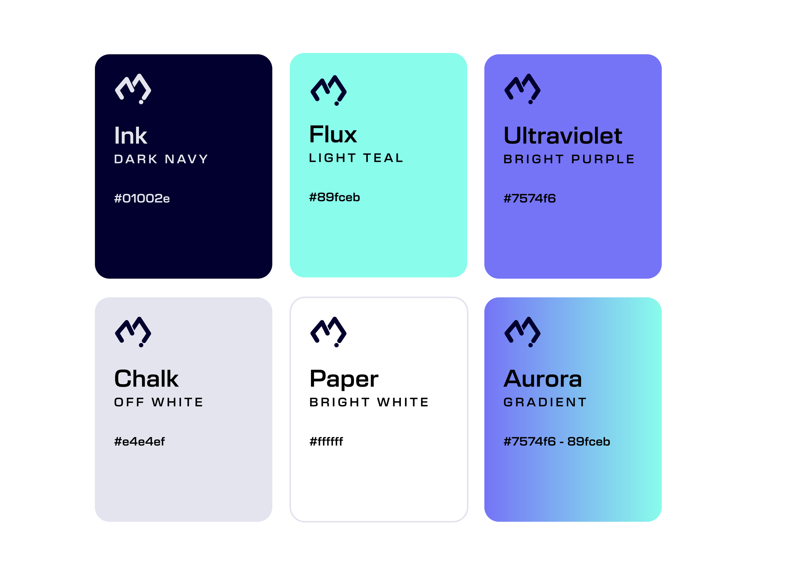 Color palette chart with six swatches labeled Ink, Flux, Ultraviolet, Chalk, Paper, and Aurora, each showing a color name, description, and hex code.