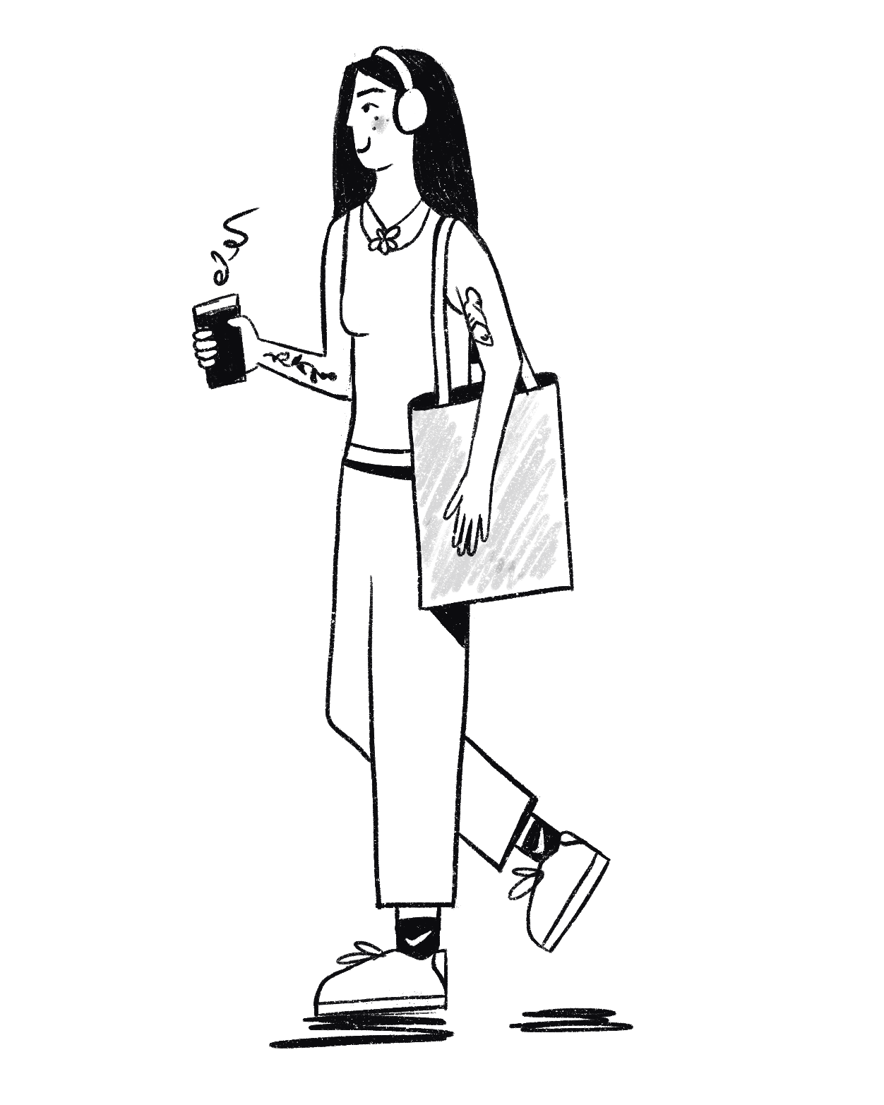 Line drawing of a woman walking and holding a coffee cup, carrying a shopping bag, wearing headphones and casual clothes.