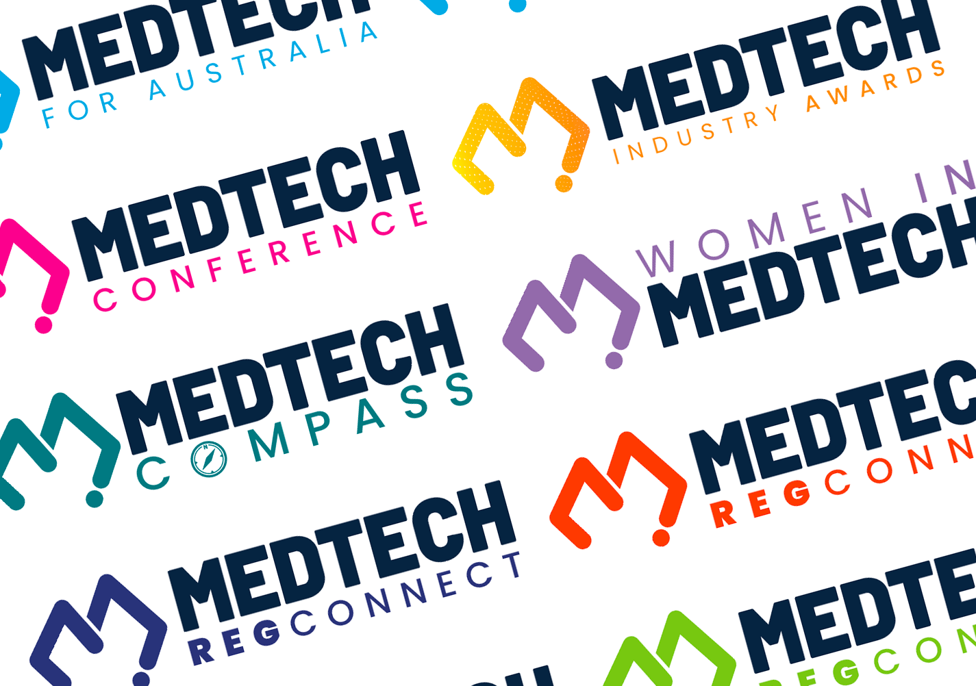 Collection of logos for Medtech industry events, each with the word 'MEDTECH' and different subtitles and colors.