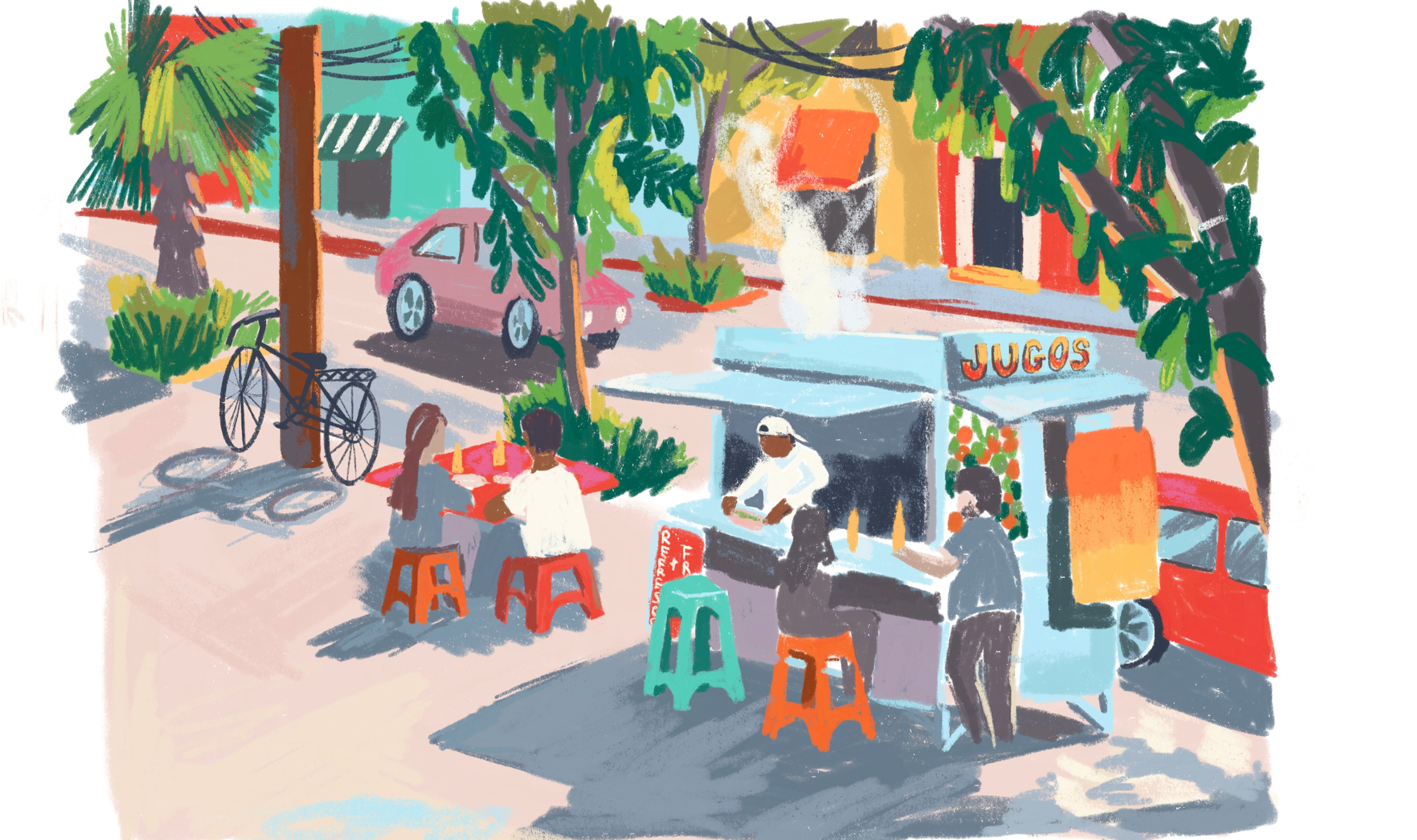 A colorful street scene with a juice stand labeled "JUGOS», two people sitting at a red table under a pink umbrella, a person working at the juice stand, and a pink car parked on the street. There are trees, a bicycle, and buildings in the background.