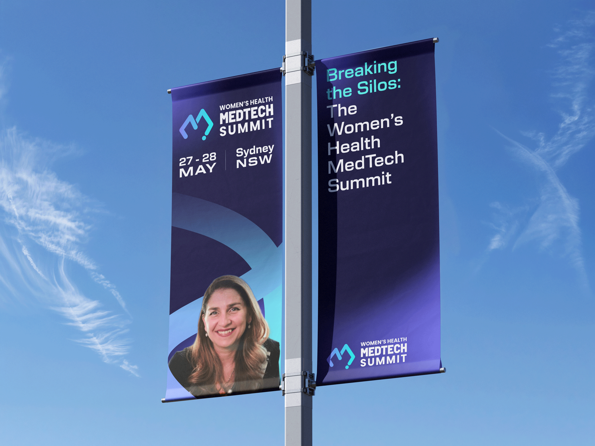 Banner advertisements for Women's Health MedTech Summit held on May 27-28 in Sydney, NSW, featuring a woman smiling and a blue and purple color scheme.
