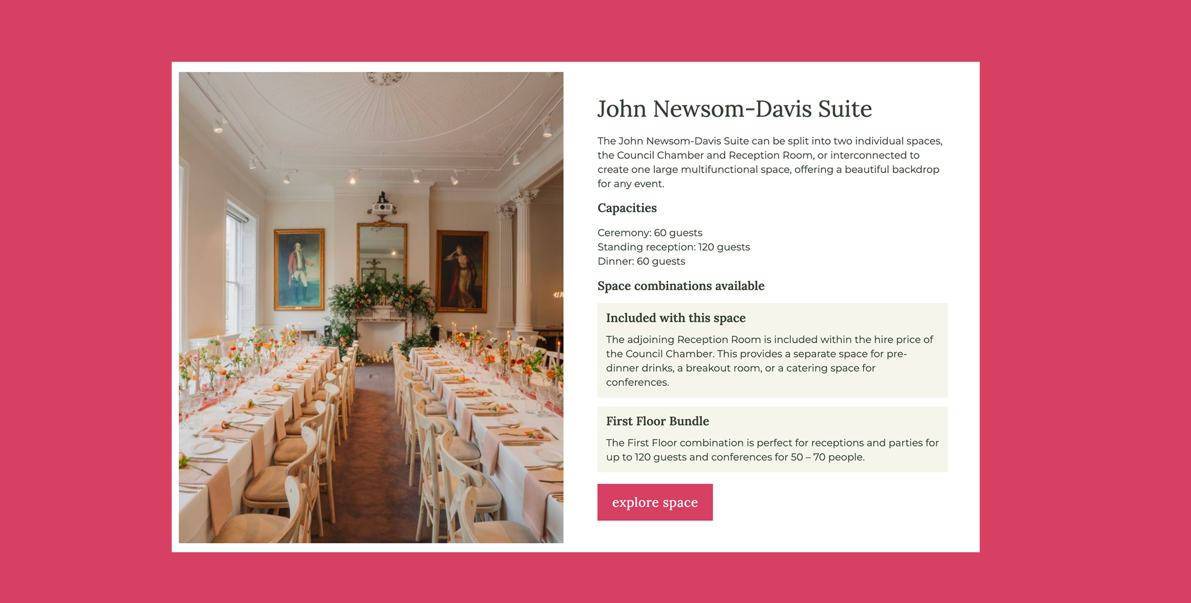 Elegant dining room set for a large event with long tables, white tablecloths, floral centerpieces, and place settings, surrounded by wooden chairs with upholstered seats, decorated with paintings and a floral arrangement on a fireplace mantle.