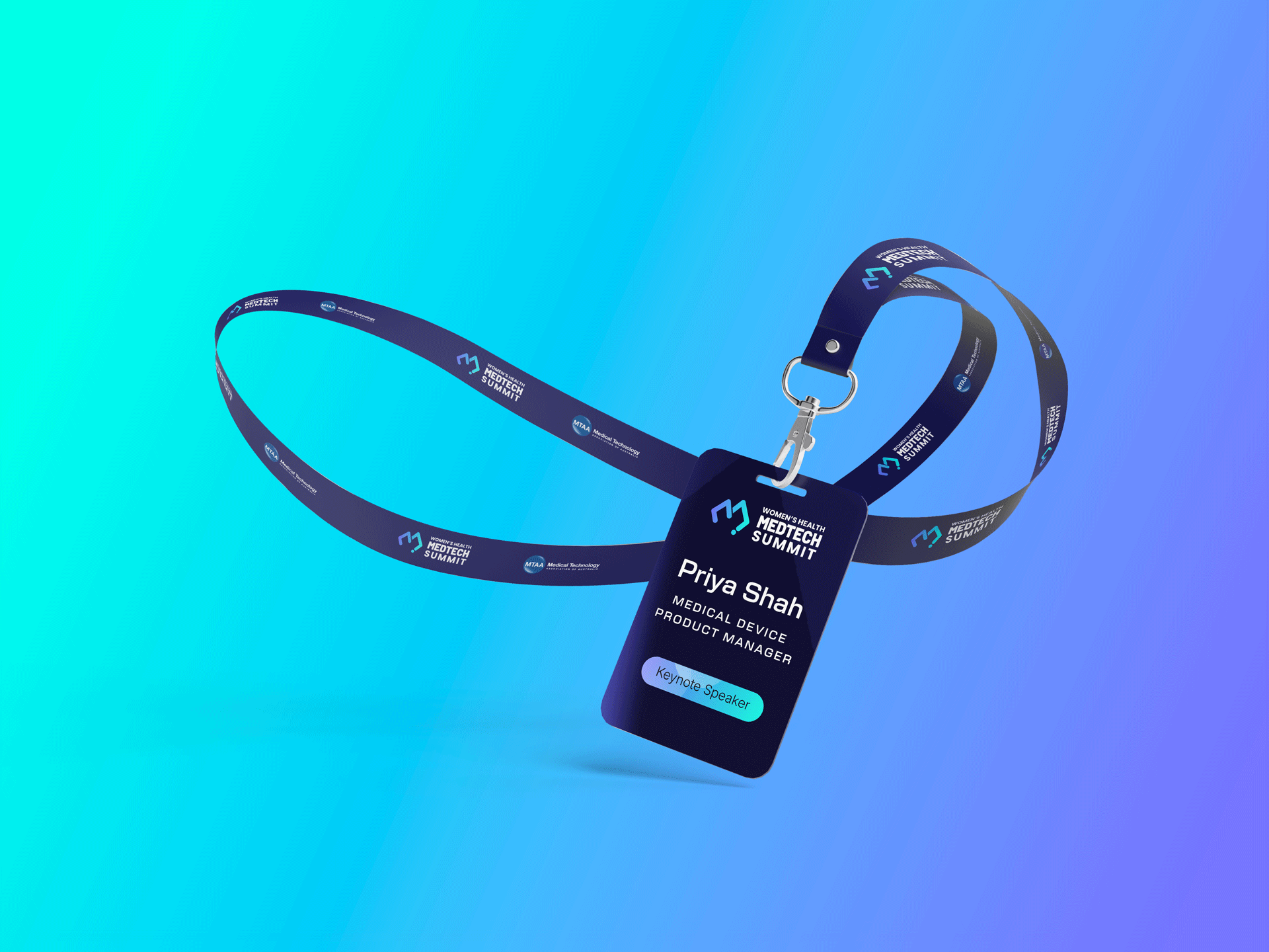 Lanyard with event badges for MedTech Summit featuring the names Priya Shah and her title medical device product manager.