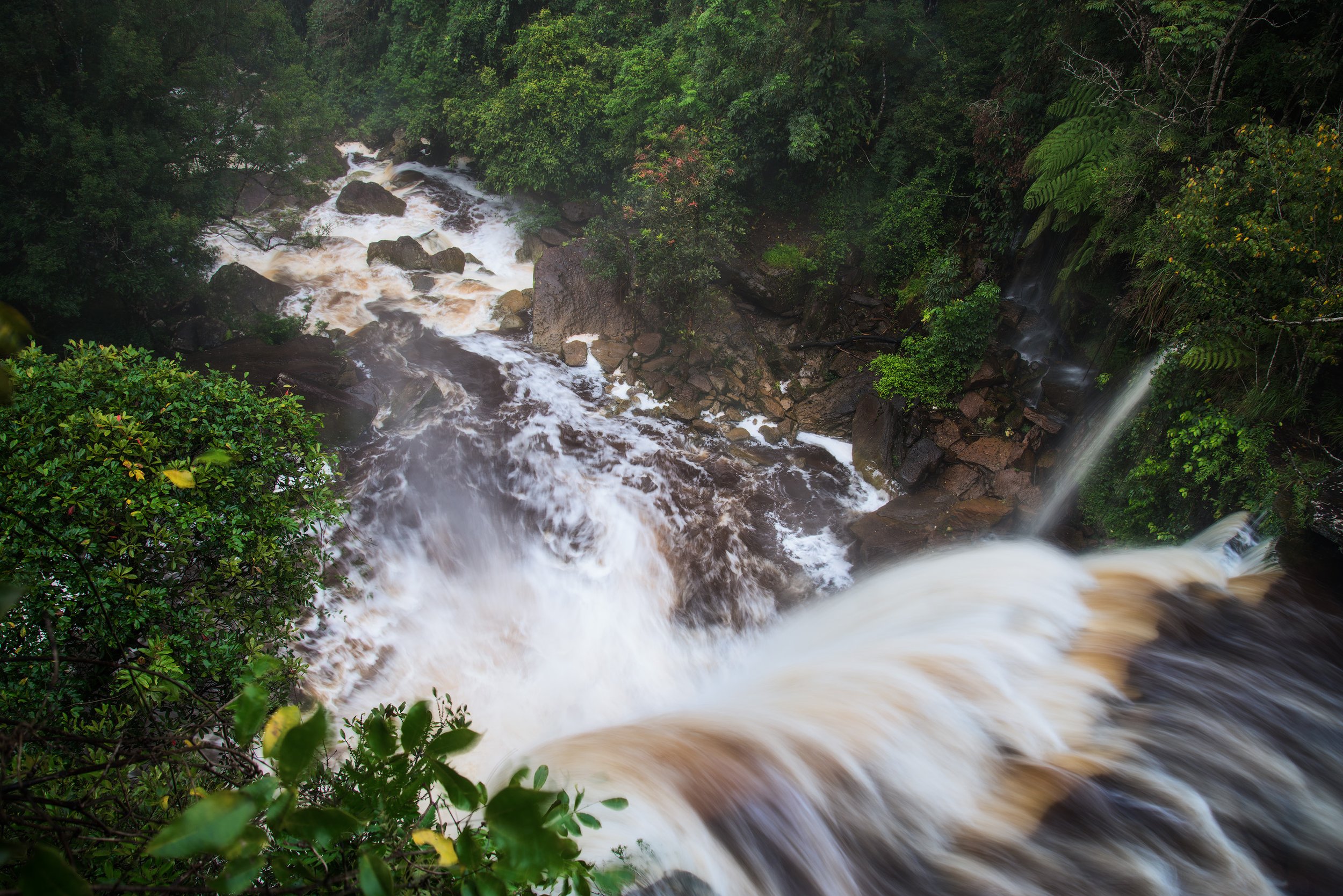 A waterfall flowing through a lush green forest with rocks and trees surrounding it. Cambodia, Kampot, Popokvil Waterfall.