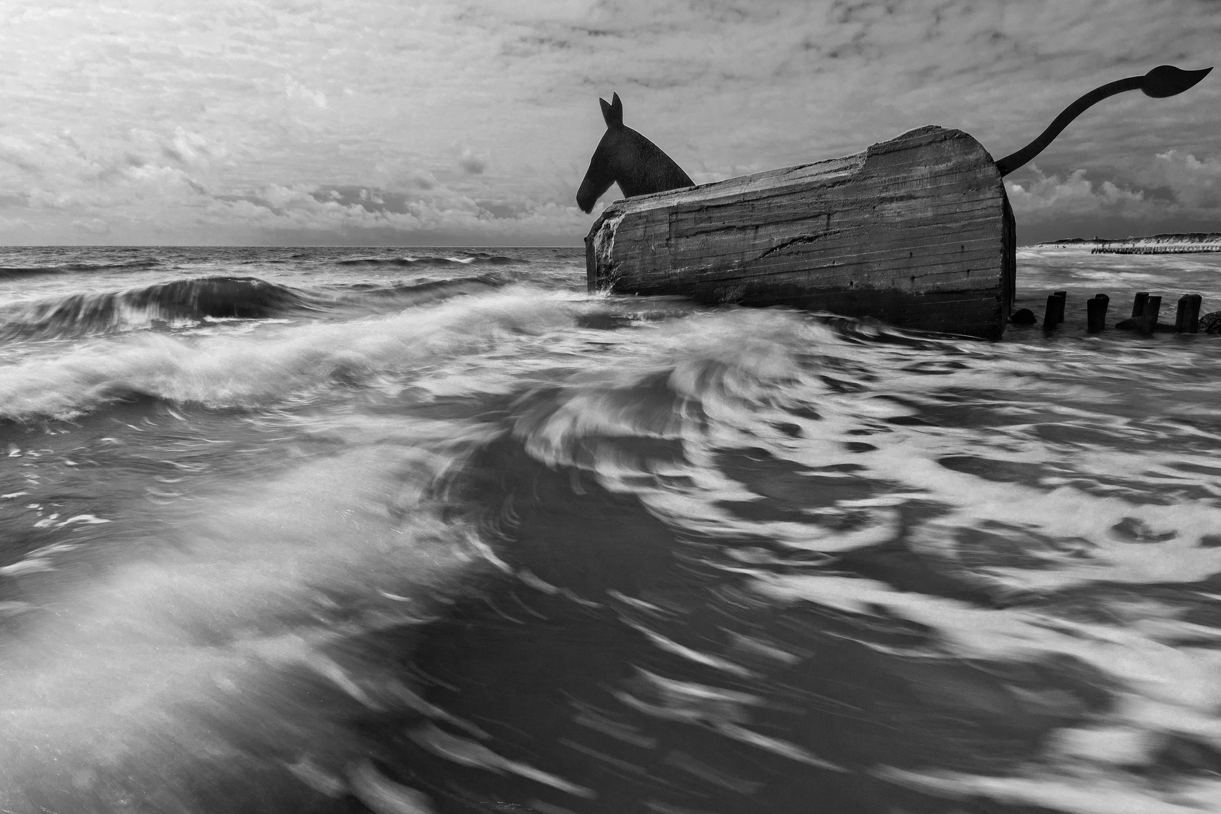 Black and white photo of a wrecked wooden ship with a horse figurehead, washed up on the beach as waves crash around it.