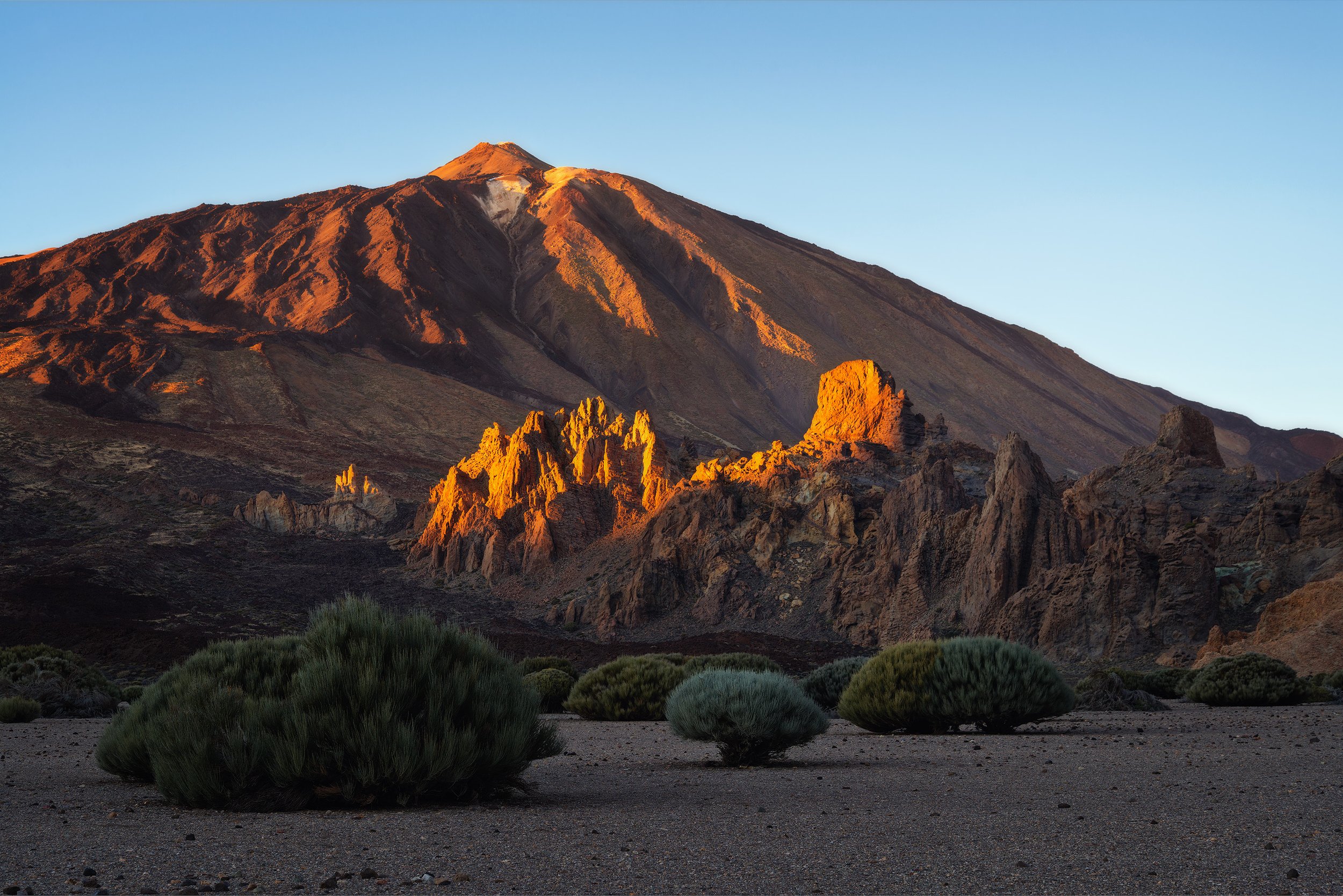 Sunlit volcanic mountain with rugged terrain and sparse green bushes in the foreground. Teide Tenerife Spain