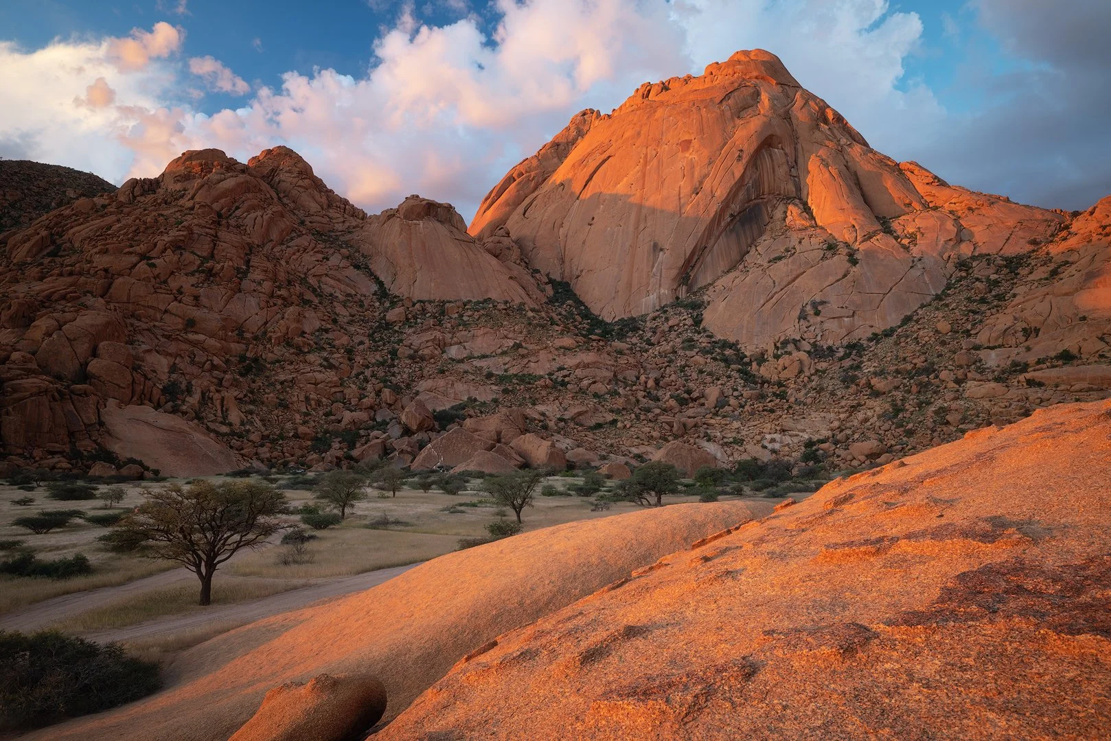 Sunset illuminating Spitzkoppe mountains with sparse desert vegetation and scattered trees in the foreground.