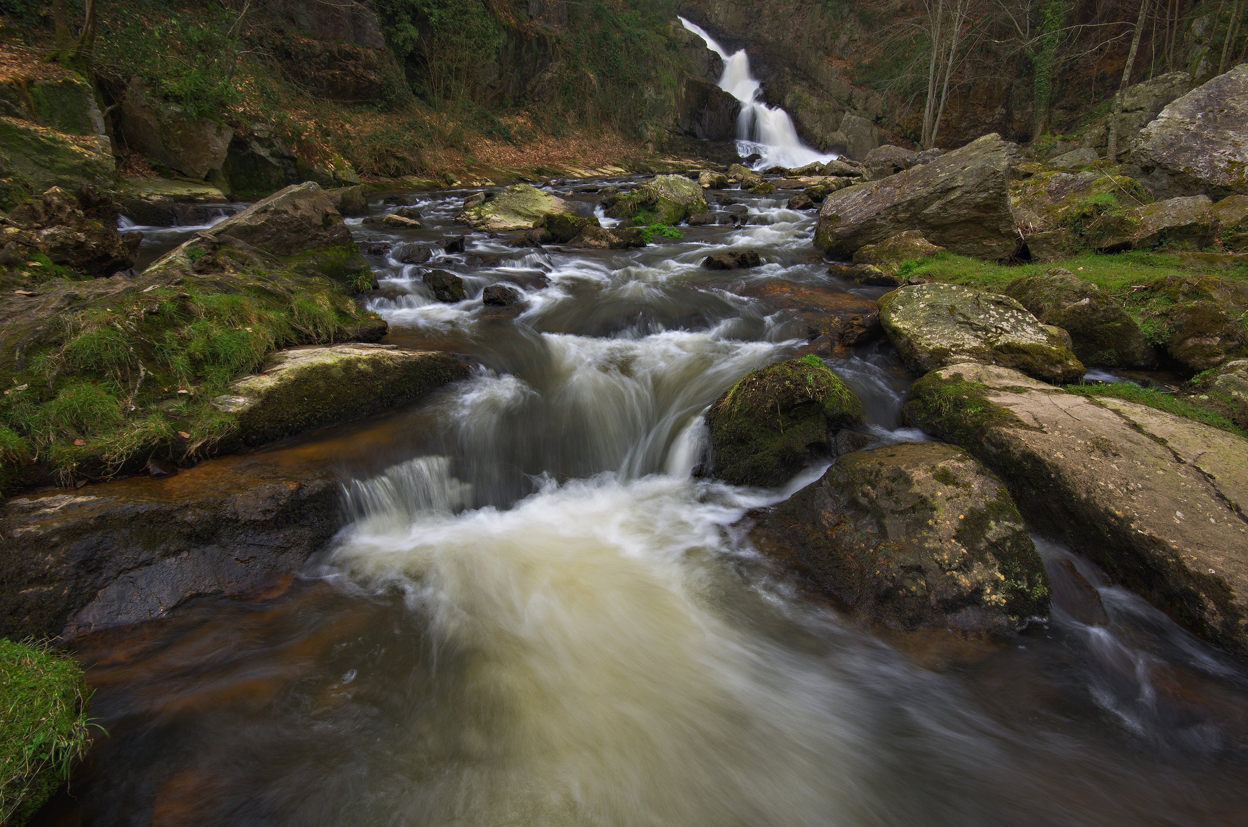 A flowing stream with rocks and moss, cascading over small waterfalls in a forest setting.