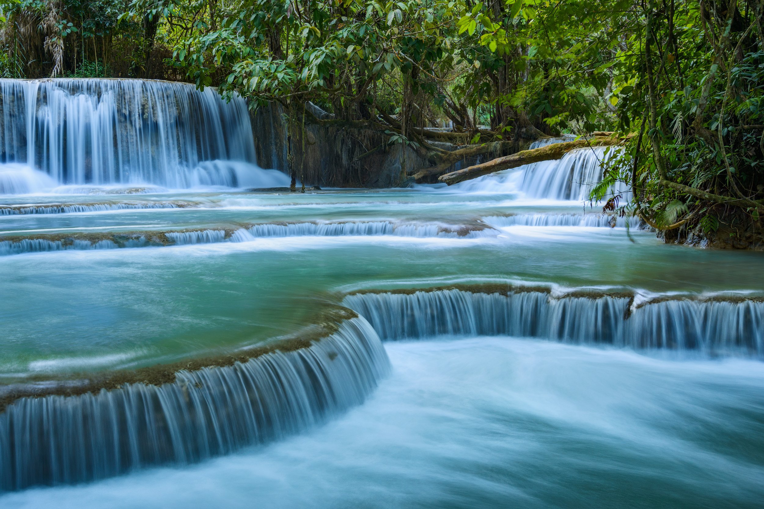 Flowing waterfalls in a lush green jungle