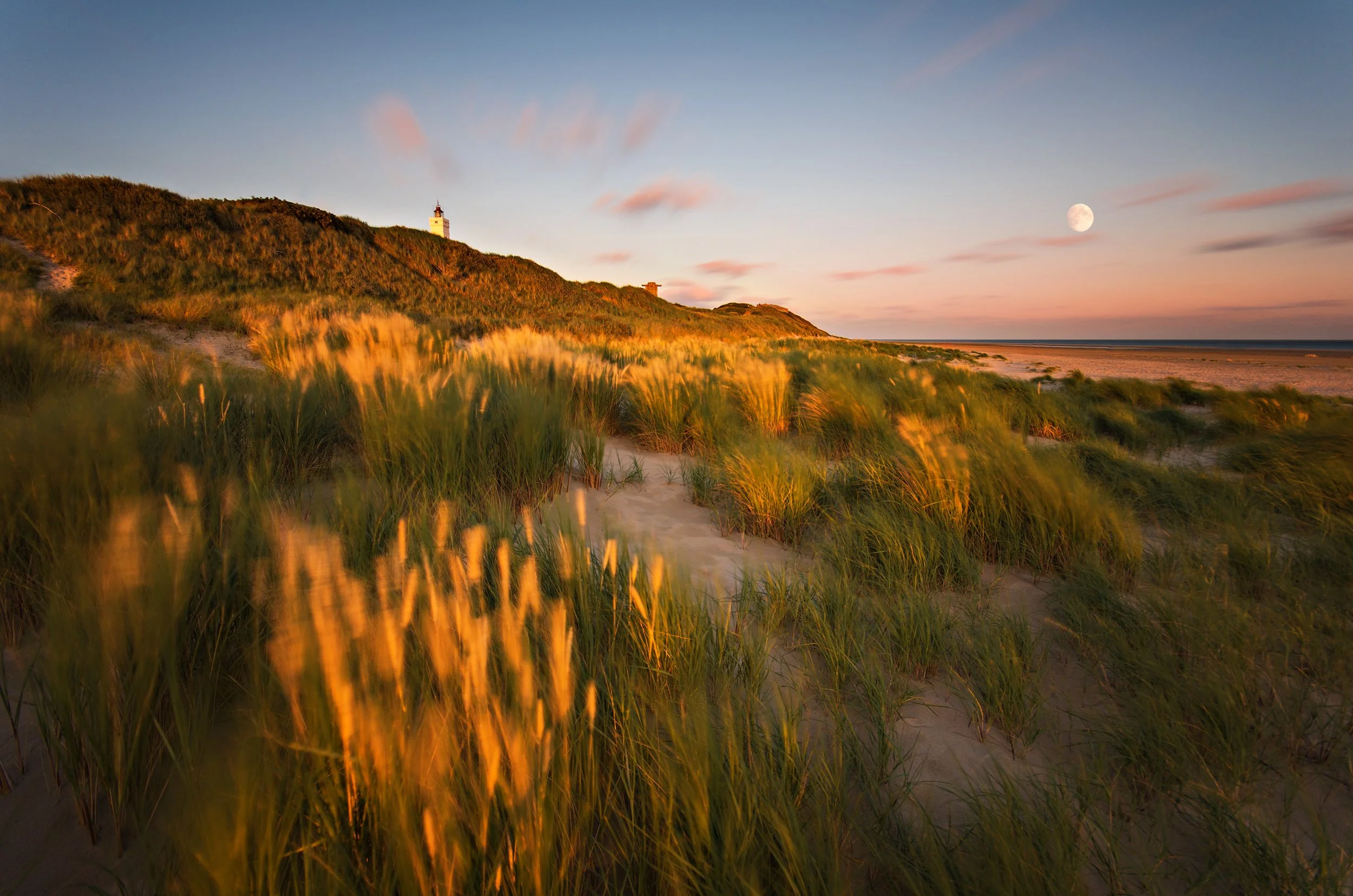 A sunset view of a beach with tall grass, a hill with a lighthouse, and the moon in the sky.