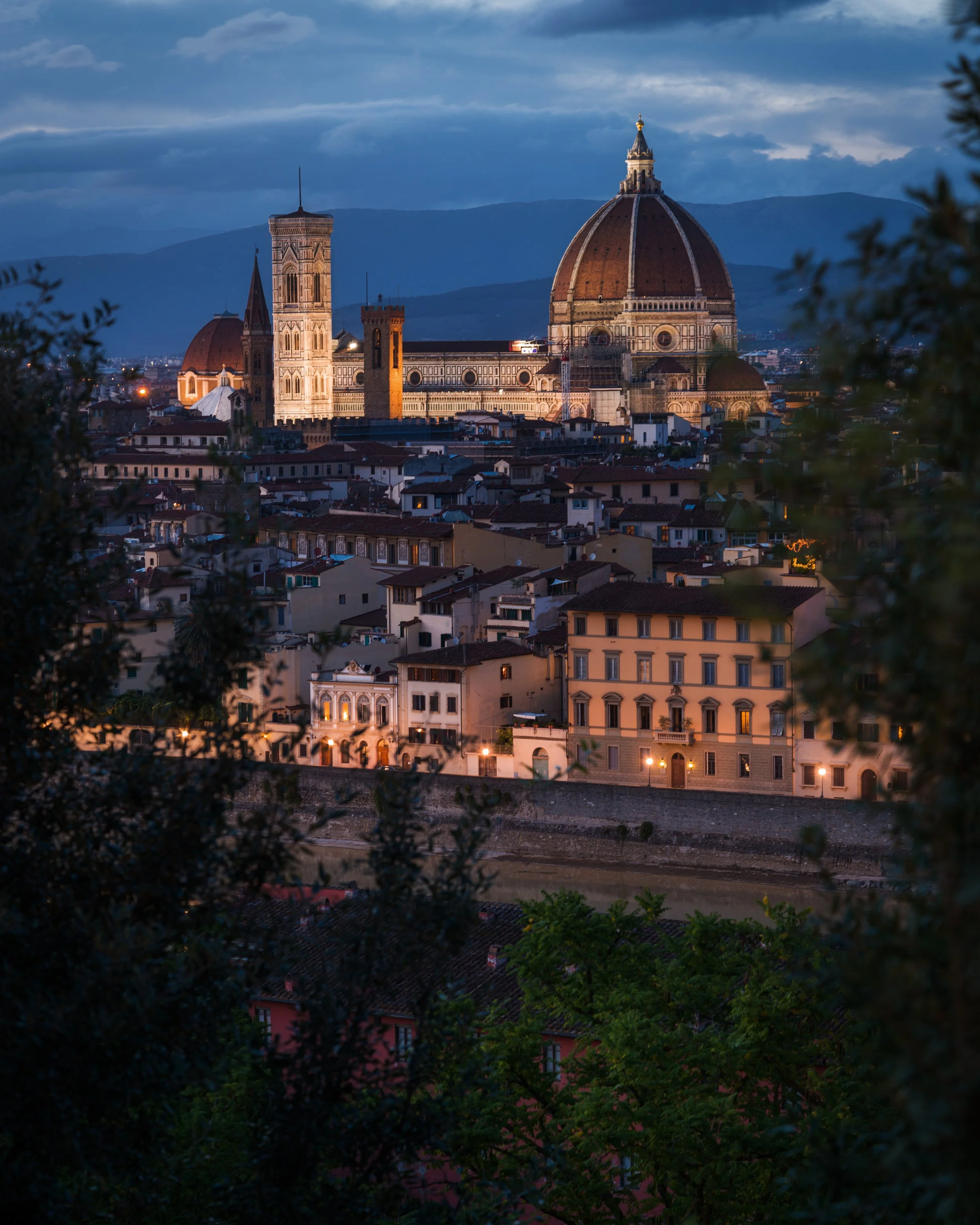 Nighttime cityscape of Florence, Italy, with the Cathedral of Santa Maria del Fiore, also known as the Florence Cathedral, prominently illuminated and viewed from a distance framed by trees.