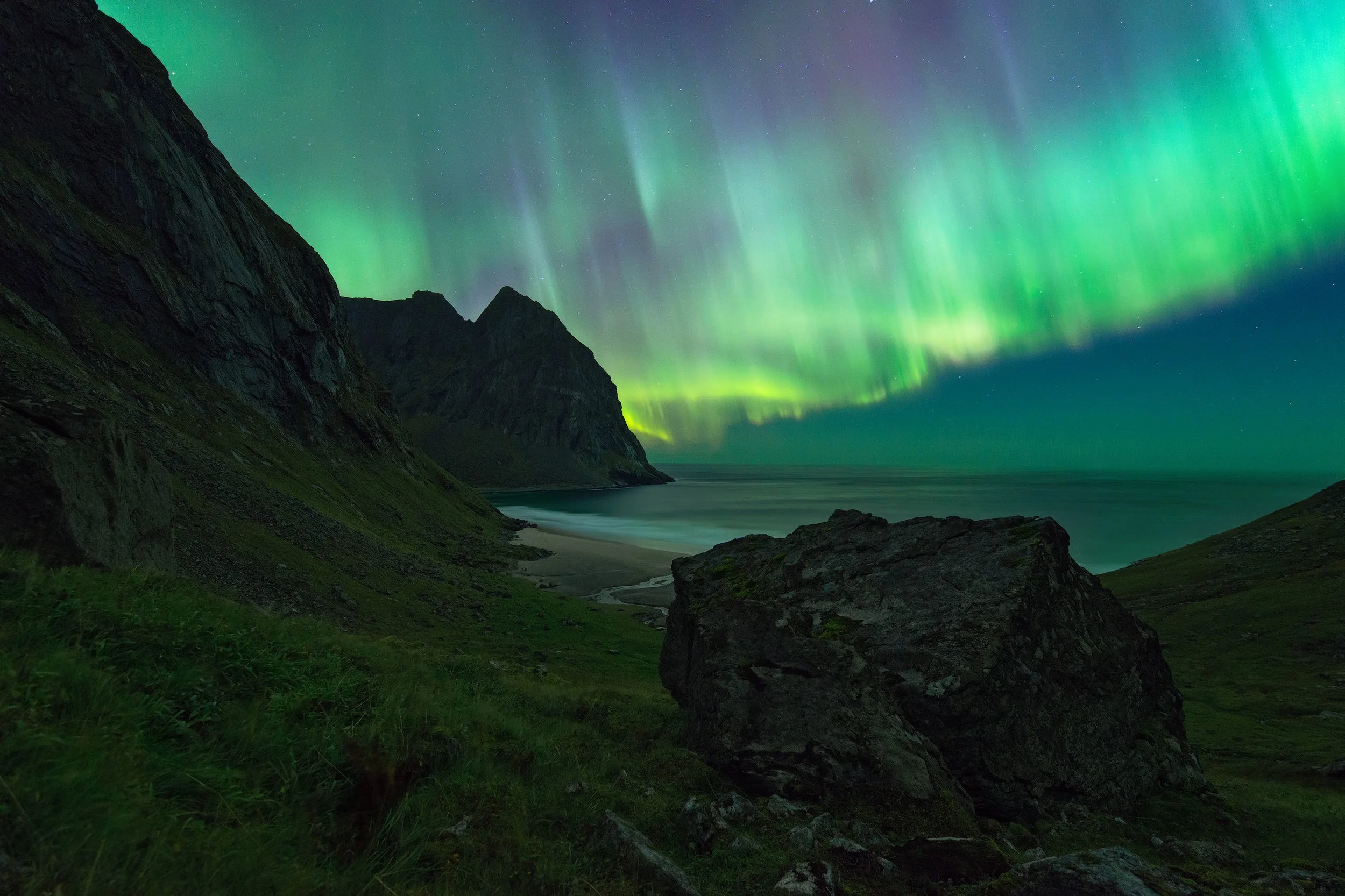 Nighttime view of green and purple Northern Lights over a coastal landscape with steep cliffs, green grass, large rocks, and a calm sea. Lofoten Islands, Norway.