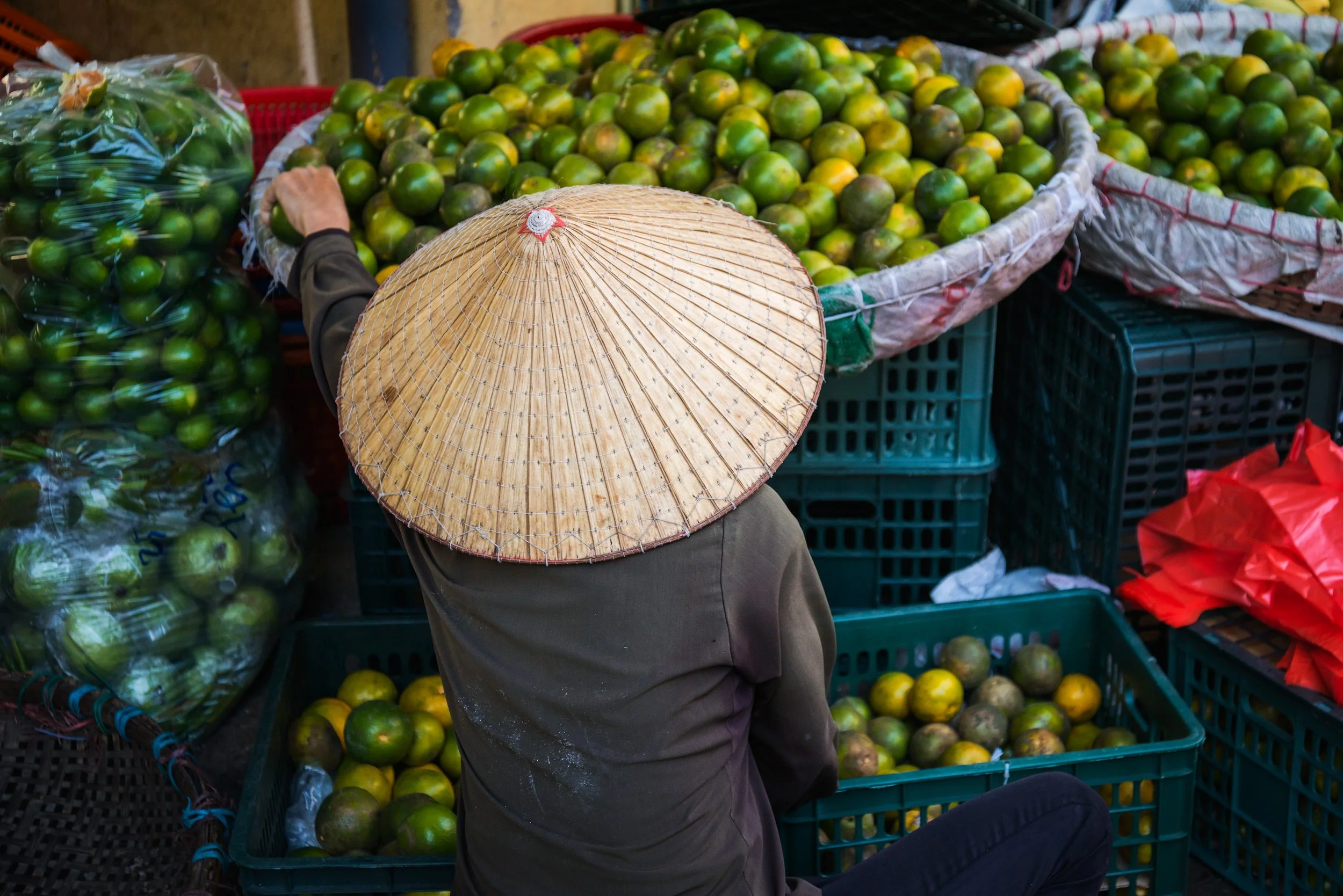 A person selling green citrus fruits at a market stall, wearing a traditional conical Asian hat and brown clothing, with large heaps of fruit and plastic crates around. Vietnam, Hanoi.