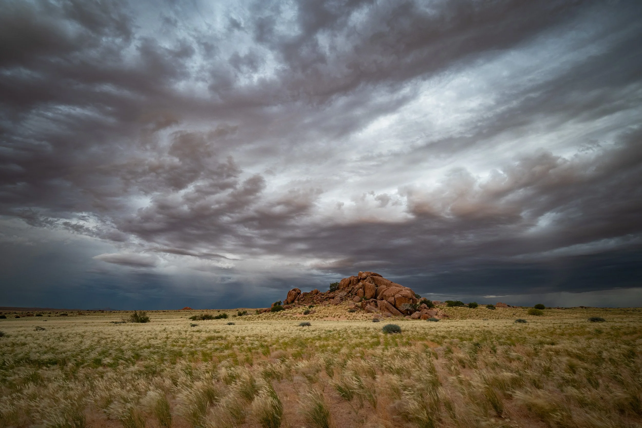 A vast desert landscape with sparse vegetation, large rock formations, and a dramatically cloudy sky overhead.