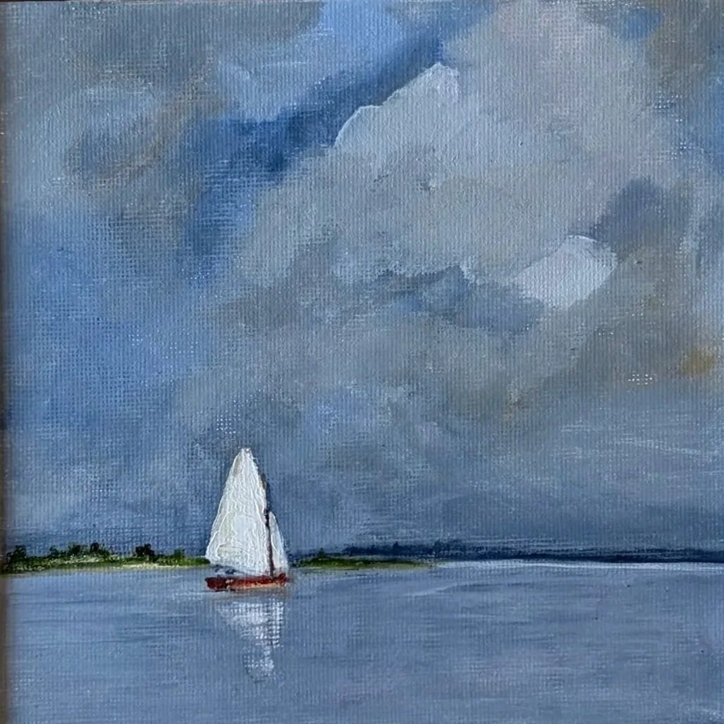 Detail of small oil painting of sailboat, original canvas artwork in natural wood frame.