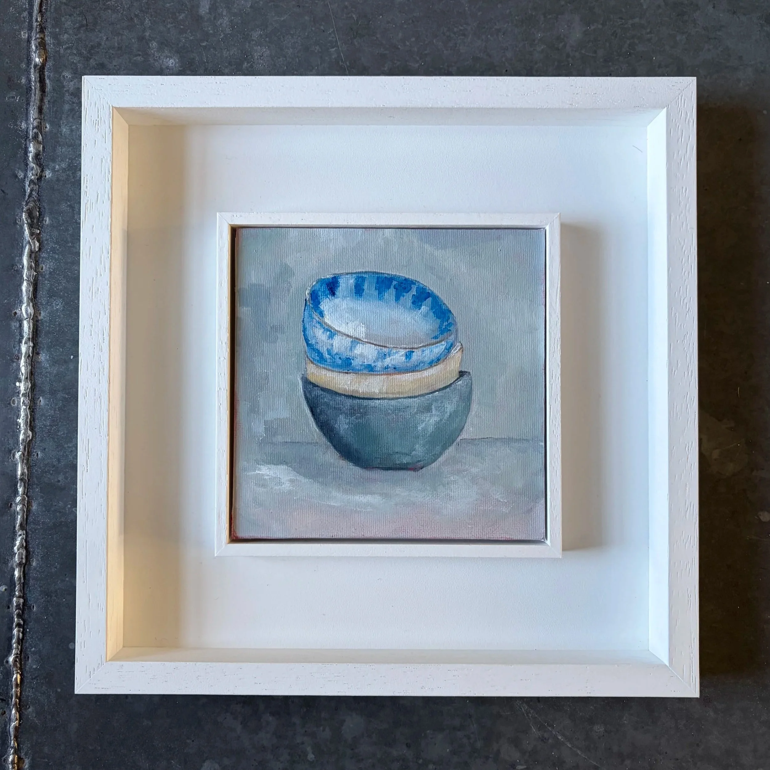 Small original oil painting of three stacked ceramic bowls, 15 x 15 cm, framed in St Ives wood frame, ready to hang wall art UK.