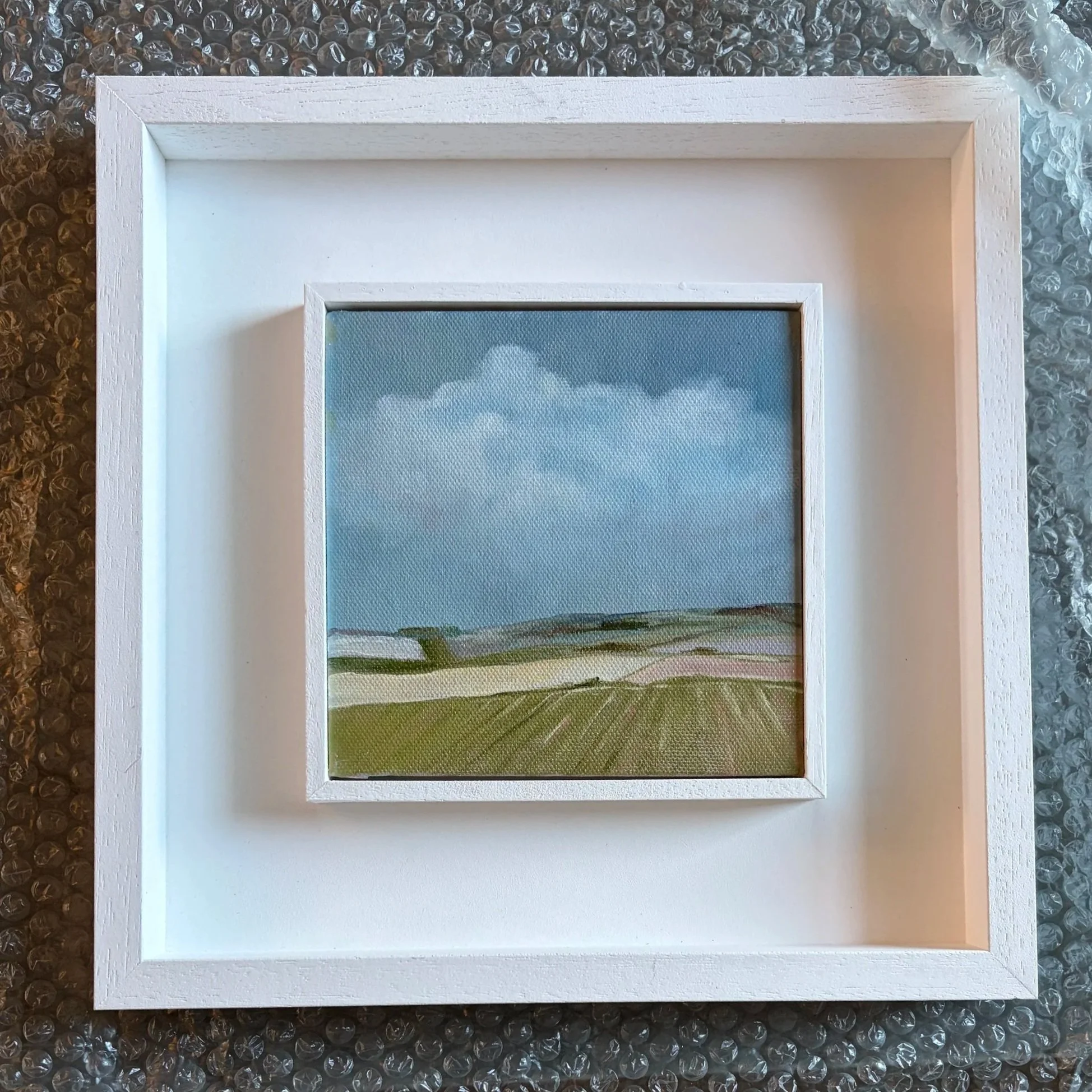 Small original oil painting of landscape towards Watership Down, 15 x 15 cm, framed in St Ives wood frame, ready to hang wall art UK.