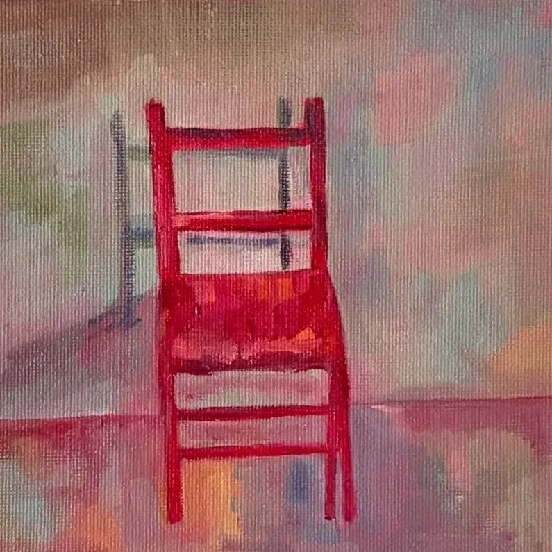 Detail of red chair oil painting on canvas with textured brushwork.