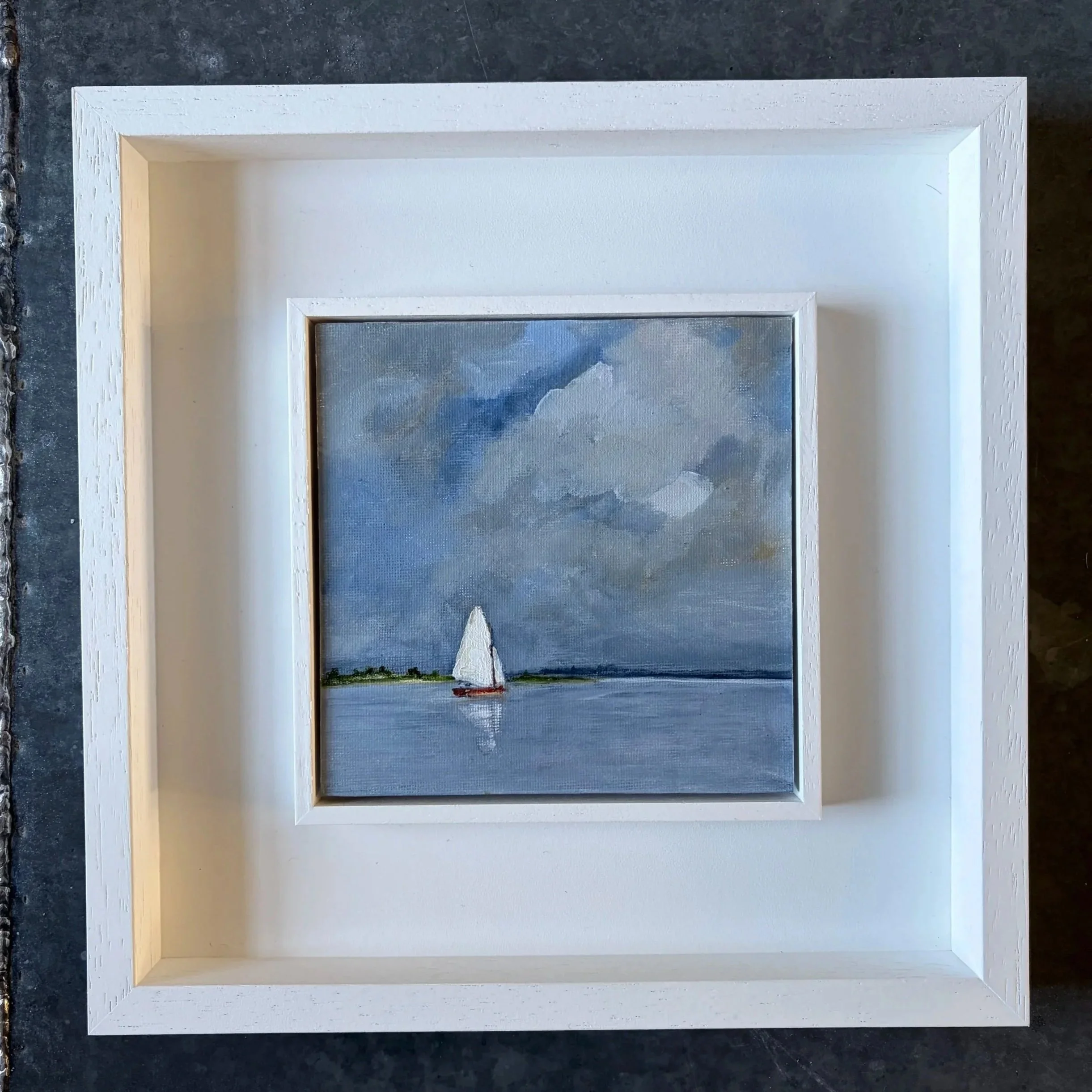 Small original oil painting of sailboat on calm water, framed in St Ives wood frame, 15 x 15 cm, ready to hang wall art UK.