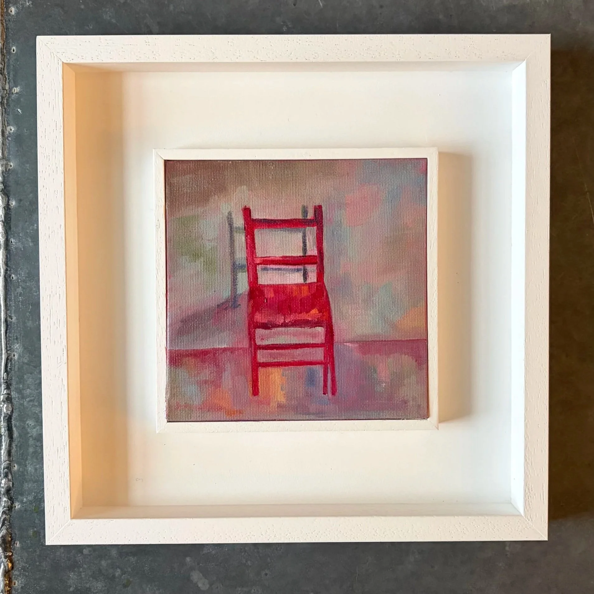 Small original oil painting of red chair, 15 x 15 cm, framed in St Ives wood frame, ready to hang wall art UK.