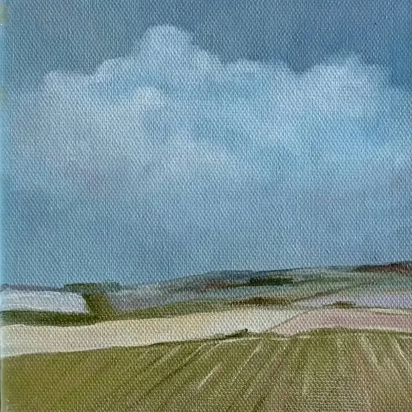 Small original oil painting of Watership Down, framed in natural wood.