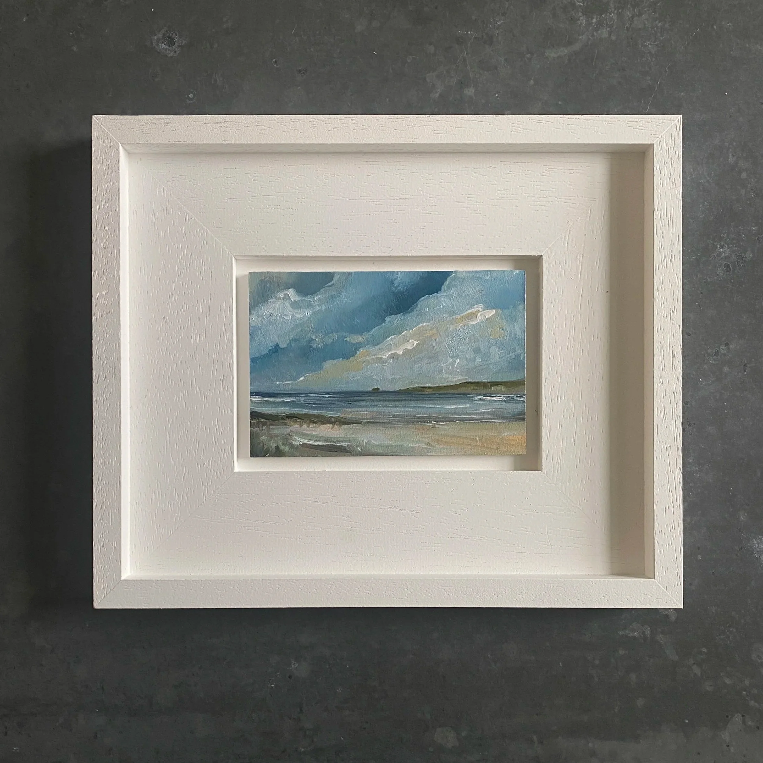 Small original oil painting of the Cornish coast, 10 x 15 cm, framed and ready to hang. Affordable framed artwork by UK artist.