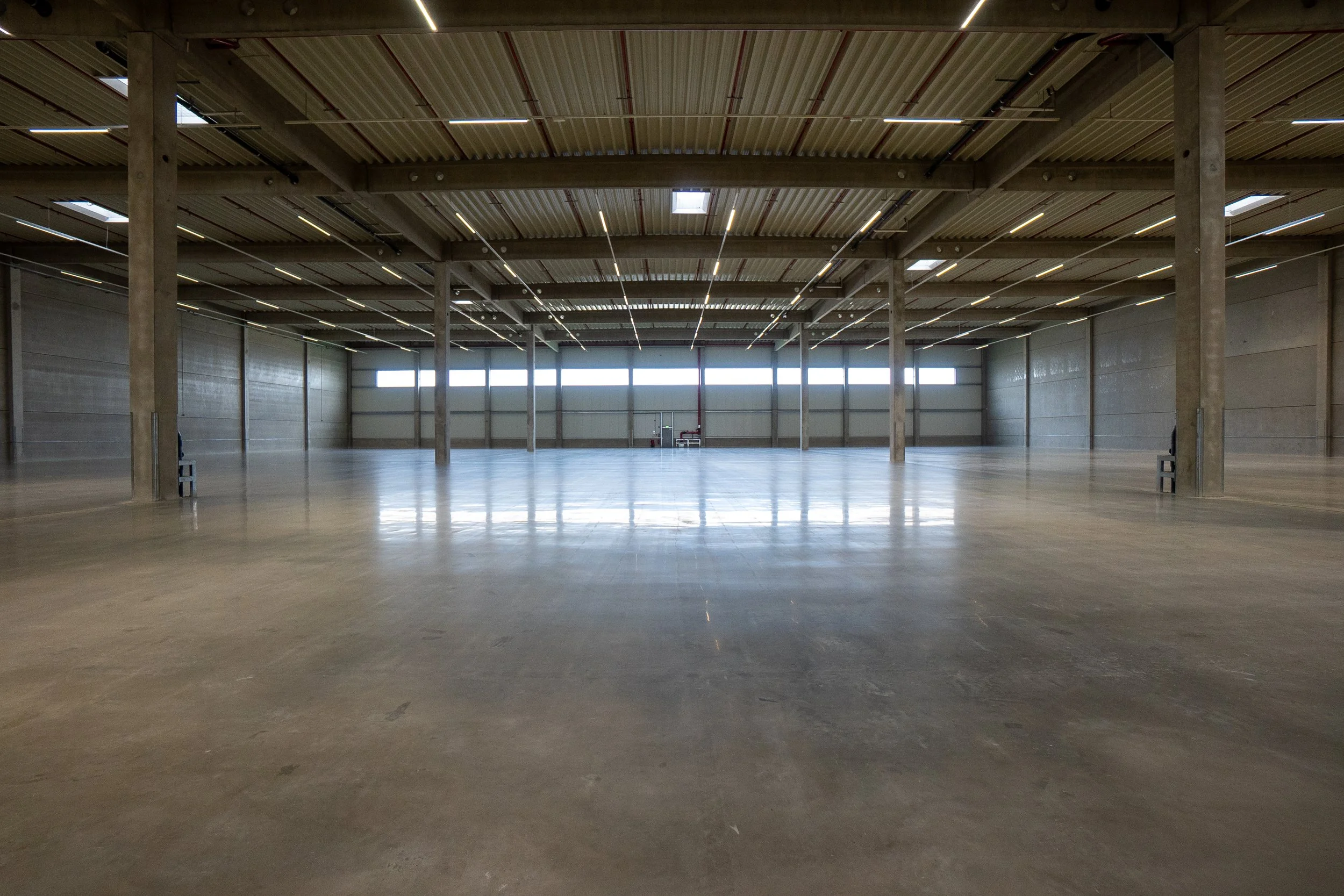 Large empty industrial warehouse with a high ceiling, multiple skylights, and concrete support columns and treated with the RINOL DRT system.