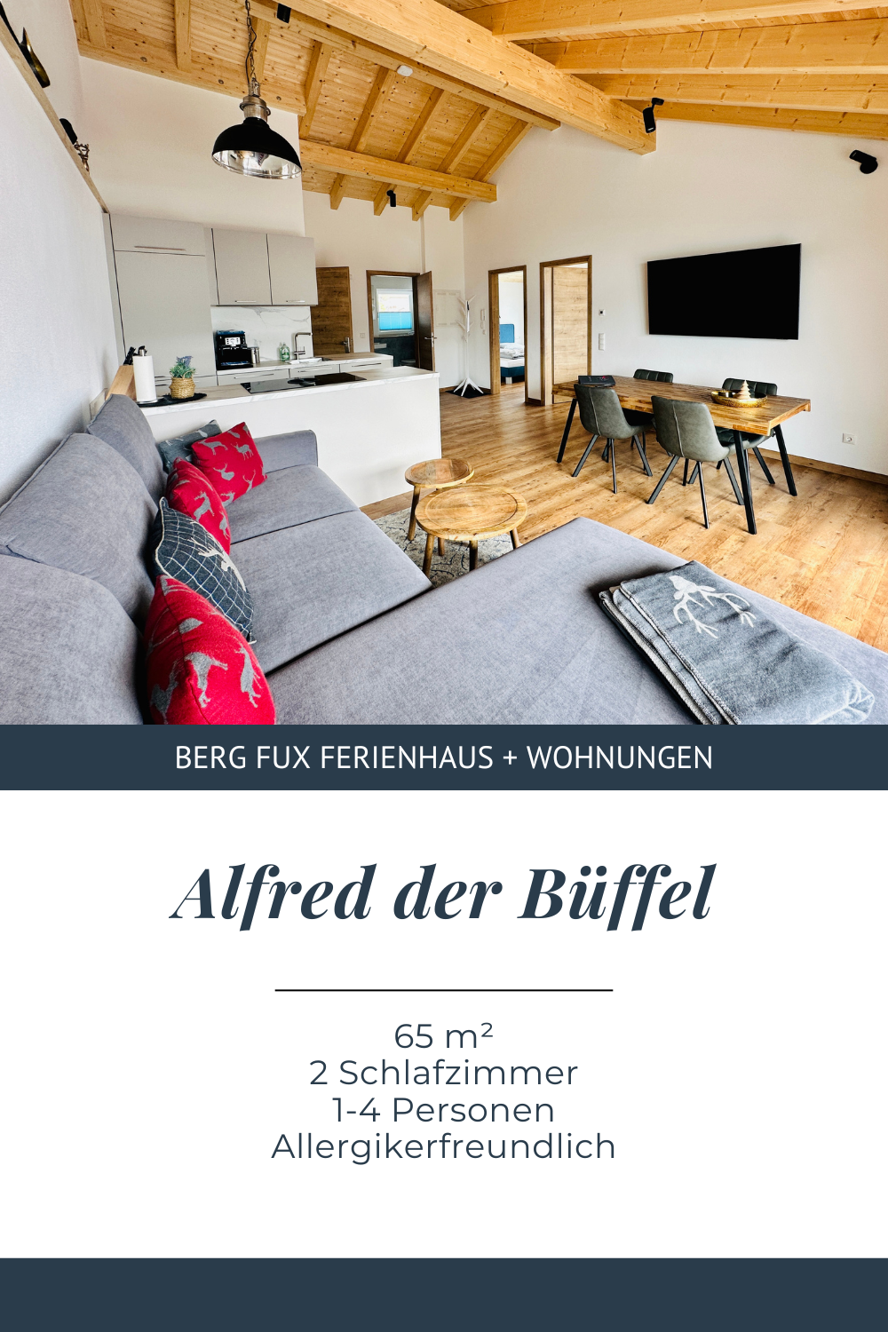 Ferienwohnung „Alfred der Büffel“: 65 m² für 1–4 Personen mit Balkon, Bergblick, großer Fensterfront & moderner Küche.
