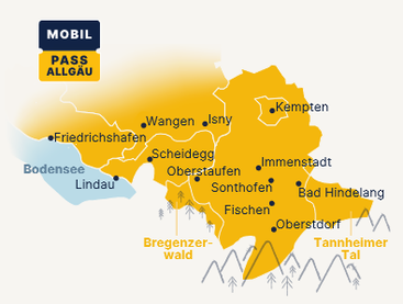 Karte des Allgäu mit Städten wie Kempten, Memmingen, Wangen, Isny und Oberstaufen sowie Sehenswürdigkeiten und Seen, inklusive Bodensee und Lindau.