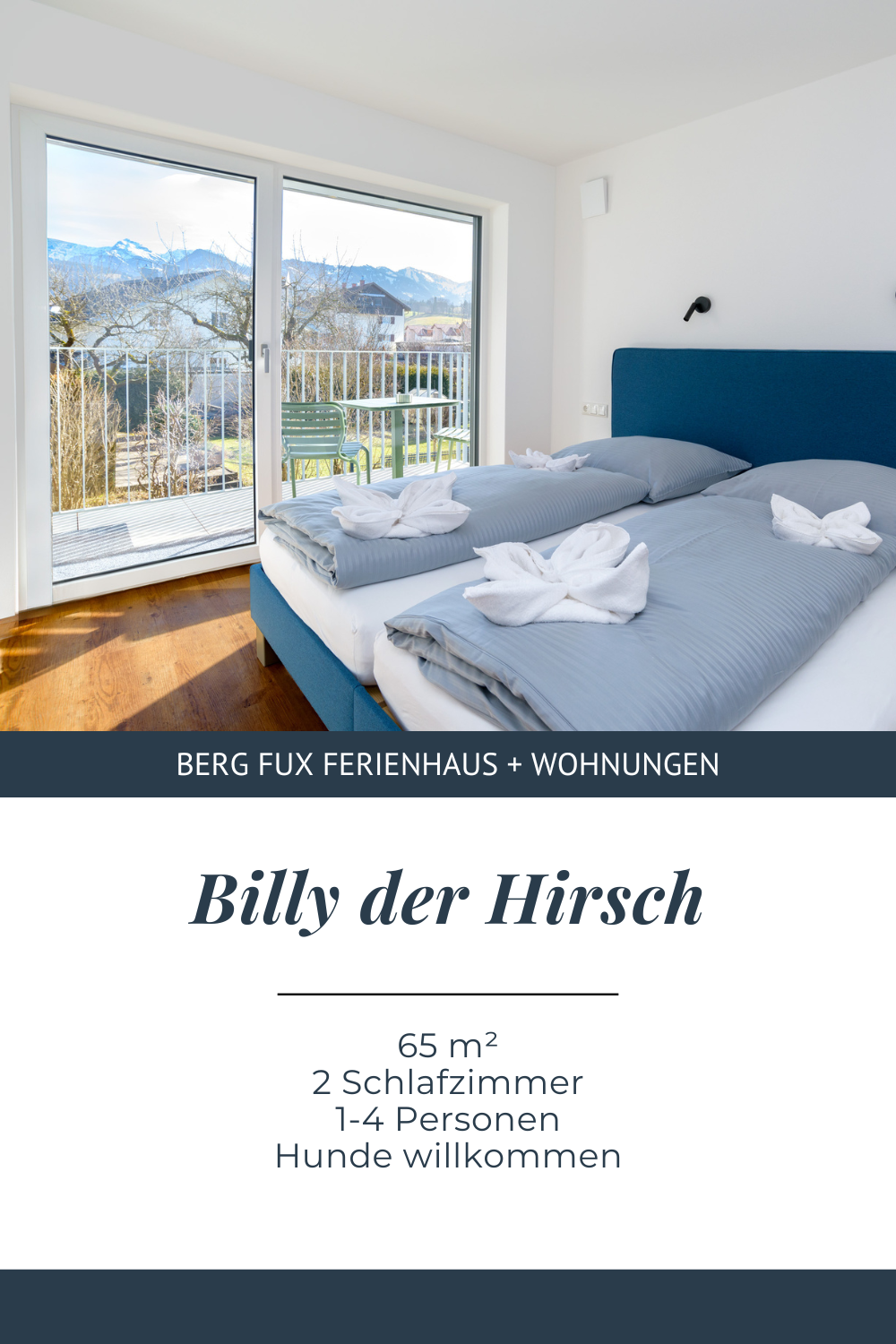 Ferienwohnung „Billy der Hirsch“: 65 m² für 1–4 Personen mit Balkon, 2 Schlafzimmern, Küche, Grillecke & Hunde erlaubt.
