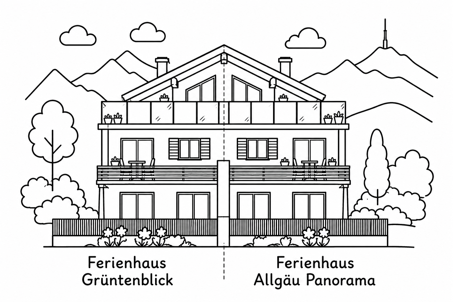 Zeichnung eines mehrstöckigen Ferienhauses mit Balkonen, umgeben von Bäumen, mit Bergen im Hintergrund, verglichen in zwei Versionen: Grüntenblick und Allgäu Panorama.