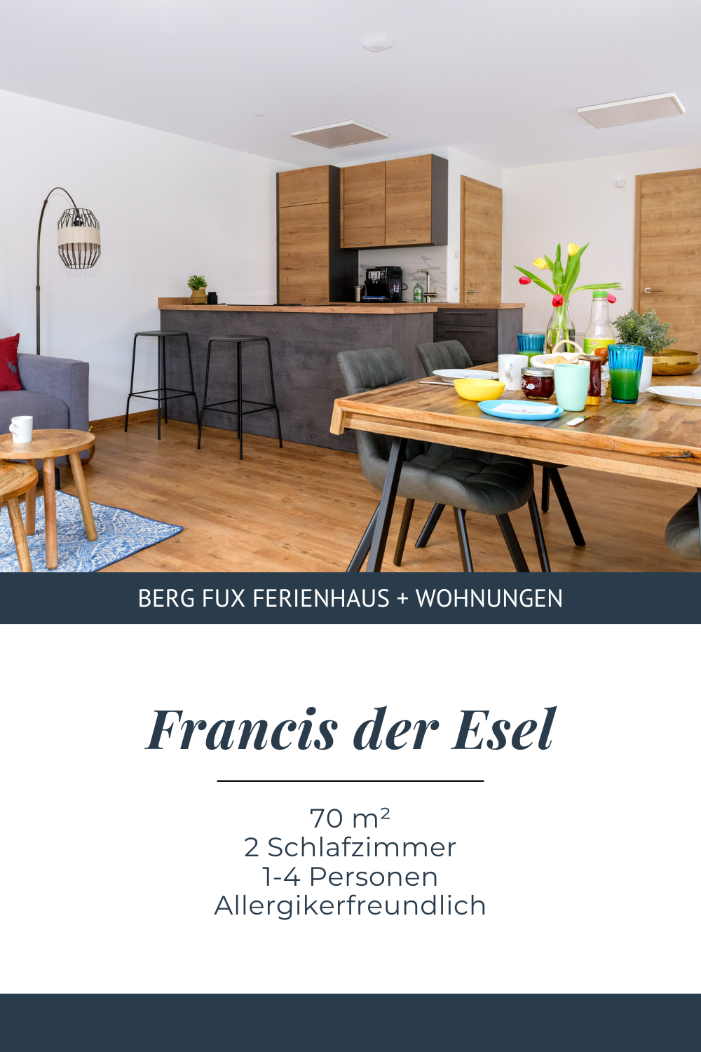 Ferienwohnung „Francis der Esel“: 70 m² für 1–4 Personen mit Balkon, 2 Schlafzimmern, Küche, Grillecke & Hunde erlaubt.