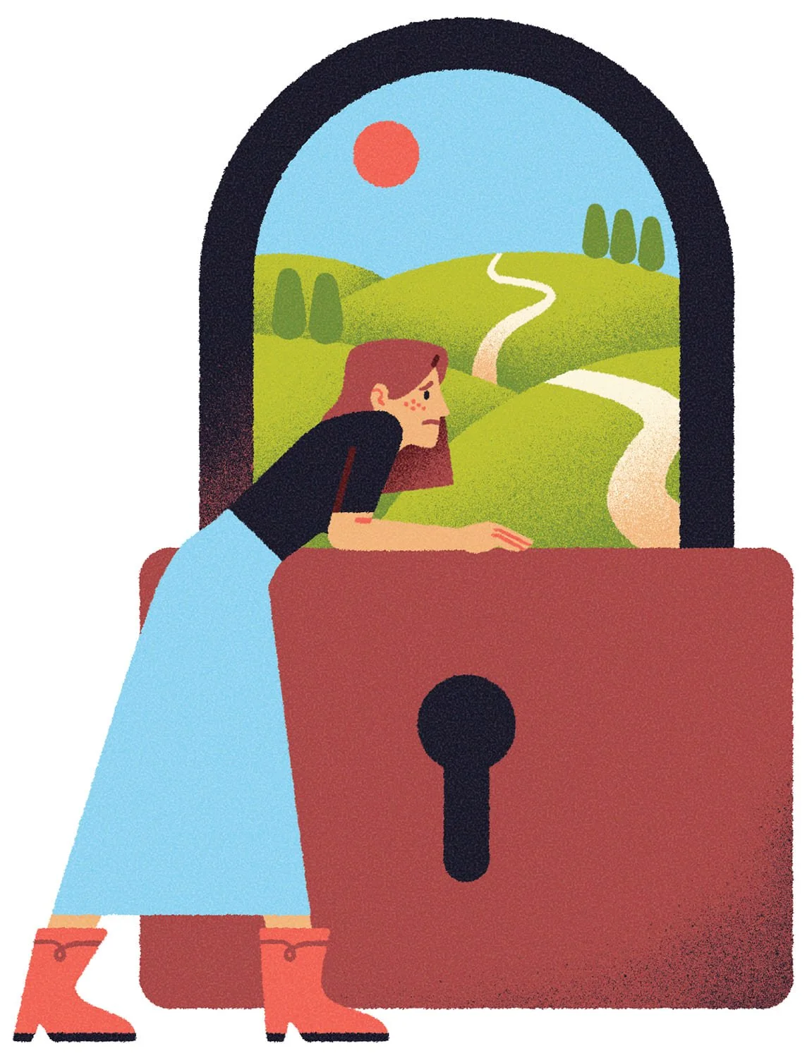 Illustrazione di una ragazza con maglietta nera, gonna azzurra e stivali rossi che guarda fuori da una finestra un paesaggio collinare. Lei ha lo sguardo triste e la finestra è un lucchetto