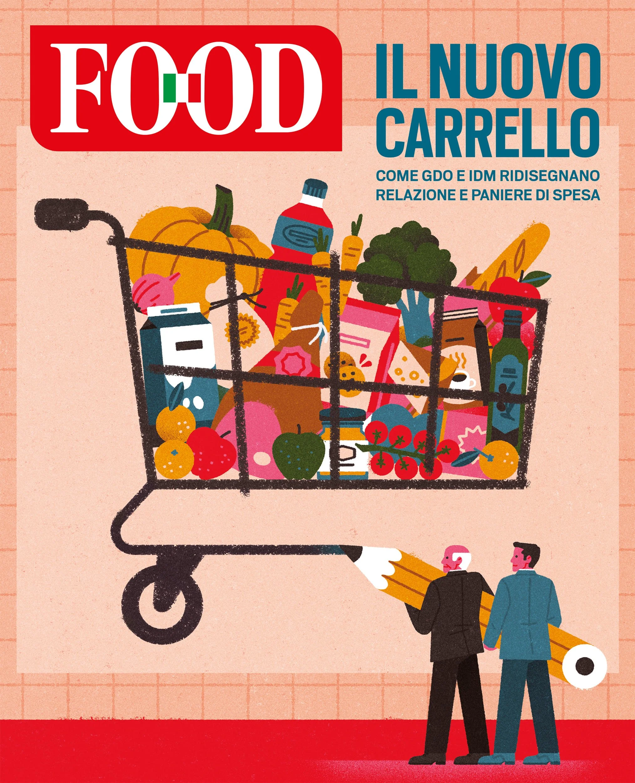 Copertina del magazine "FOOD". Illustrazione di due uomini in giacca e cravatta che tracciano con una grande matita un carrello della spesa pieno di prodotti alimentari e bevande.