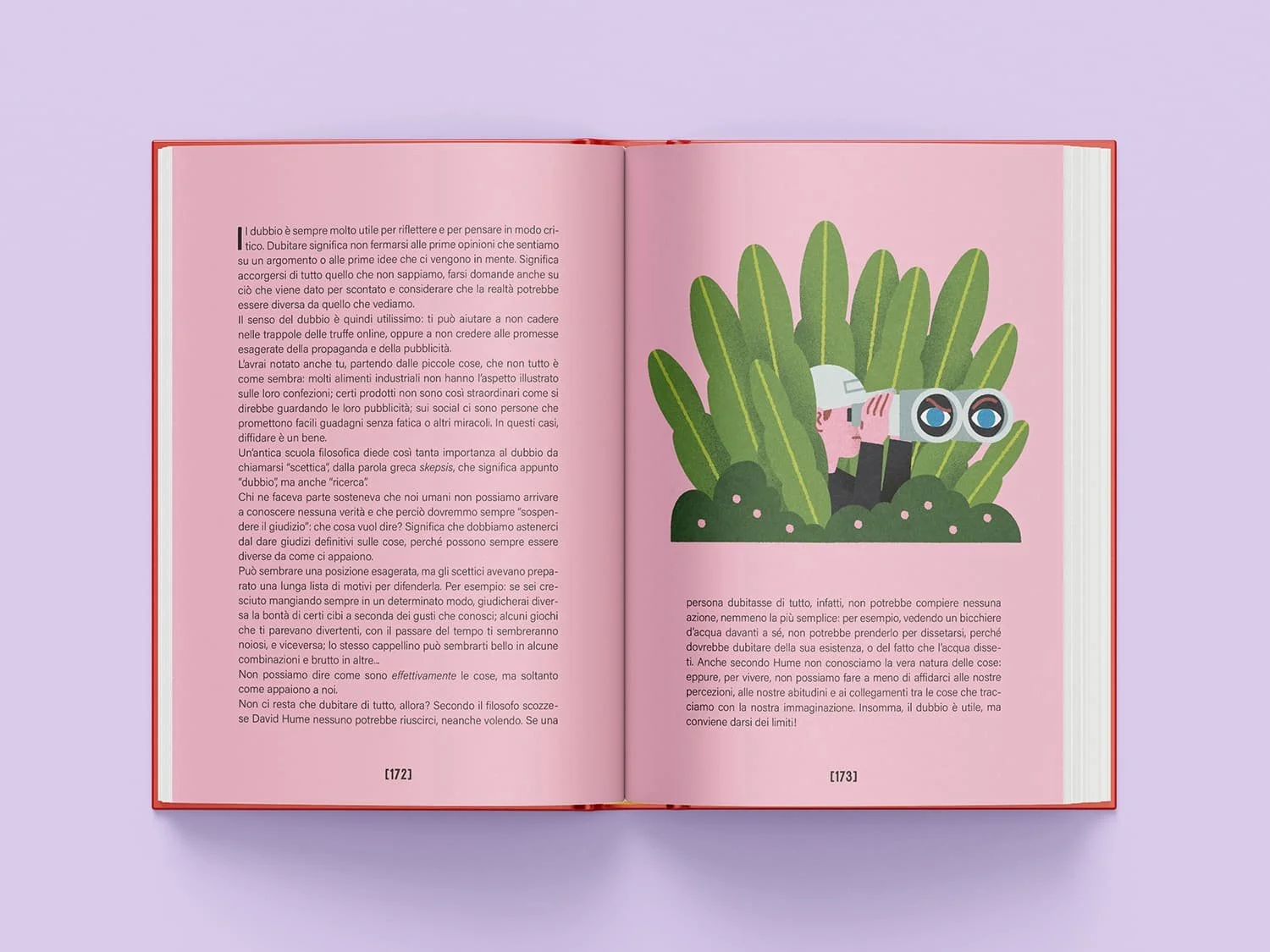 Pagina di libro illustrato per bambini che raffigura un bambino con un binocolo nascosto tra piante e foglie che sta guardando qualcosa