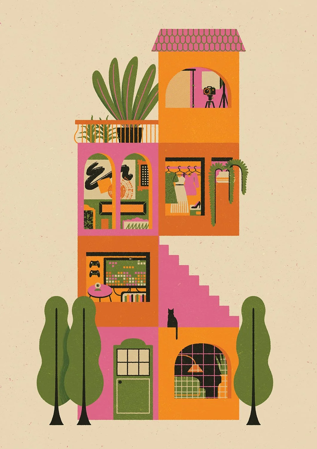 Illustrazione di una casa a più piani con varietà di mobili e piante, una scala rosa, e un gatto nero seduto su una finestra, davanti ad alcuni alberi.