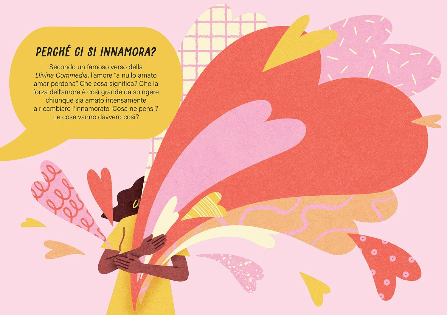 Illustrazione di una ragazza nera con un vestito giallo che abbraccia dei cuori astratti molto grandi e colorati di rosso, rosa, giallo, arancione, bianco