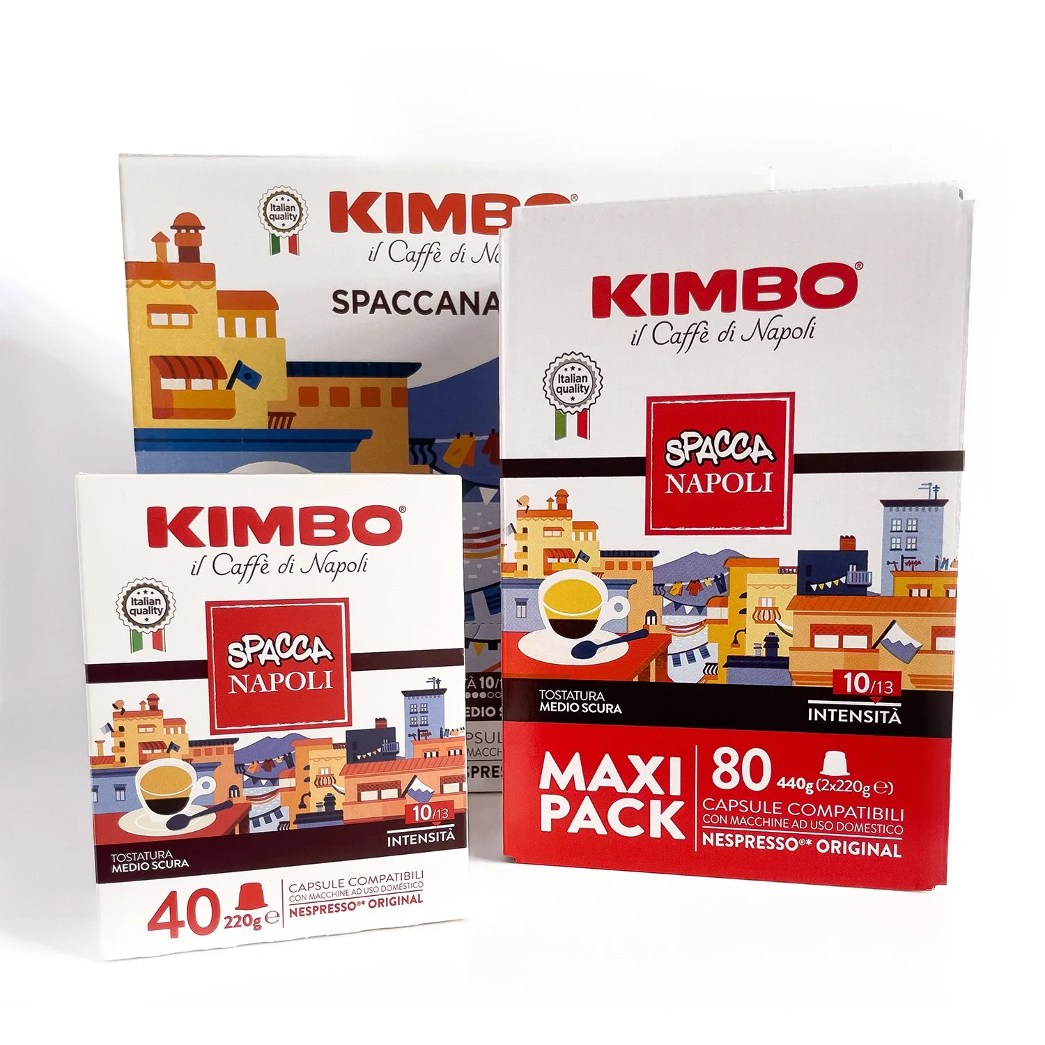 Confezioni da 40, 80 e 120 capsule di caffè Kimbo Spacca Napoli con illustrazione dedicata alla città, ai suoi colori e alla sua vivacit. Tazzina di caffè, palazzi, bandiere, Vesuvio