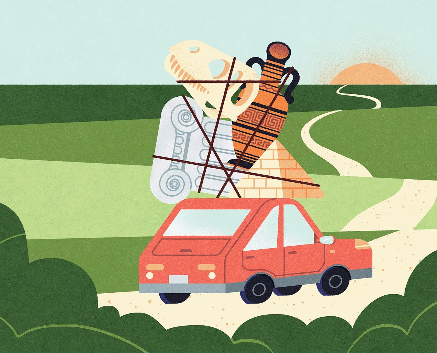Illustrazione con un'auto rossa che trasporta vari oggetti culturali e archeologici, come colonne, un teschio di dinosauro, una piramide e un vaso, lungo una strada di campagna al tramonto.