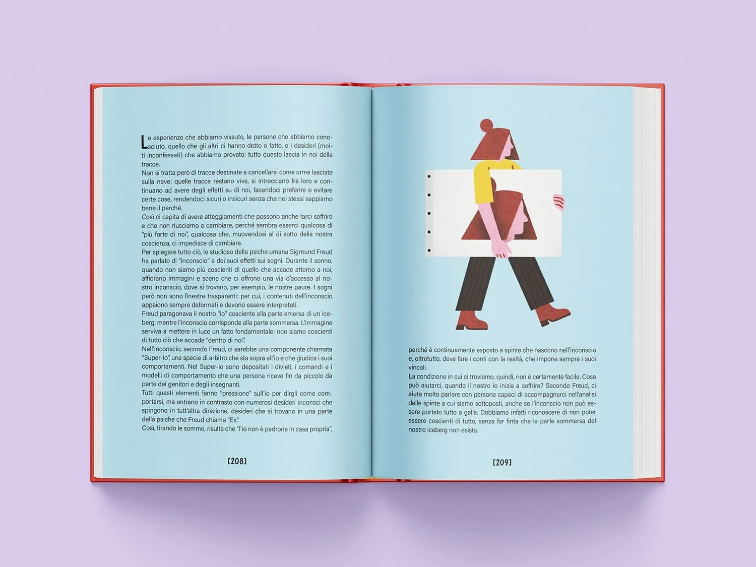 Pagina di libro illustrato per bambini che raffigura una ragazza che cammina portando una tela con disegnato il suo viso