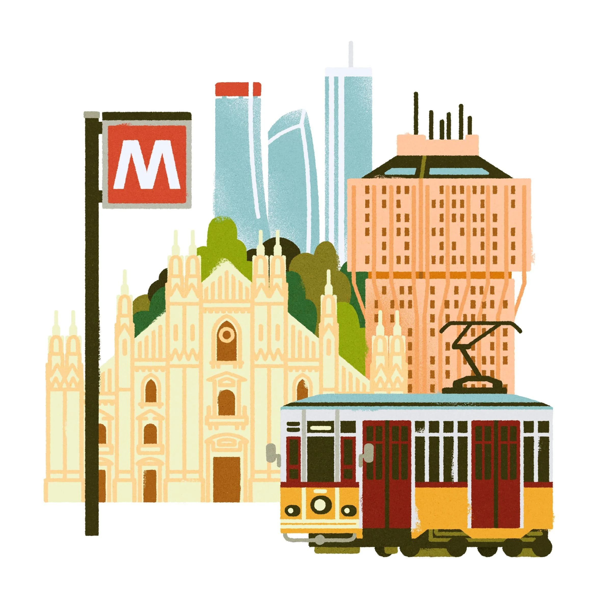 Illustrazione dello skyline di Milano con edifici iconici come il Duomo, City Life, Torre Velasca. In primo piano il cartello della metro con la M rossa e il tram giallo tipico milanese.