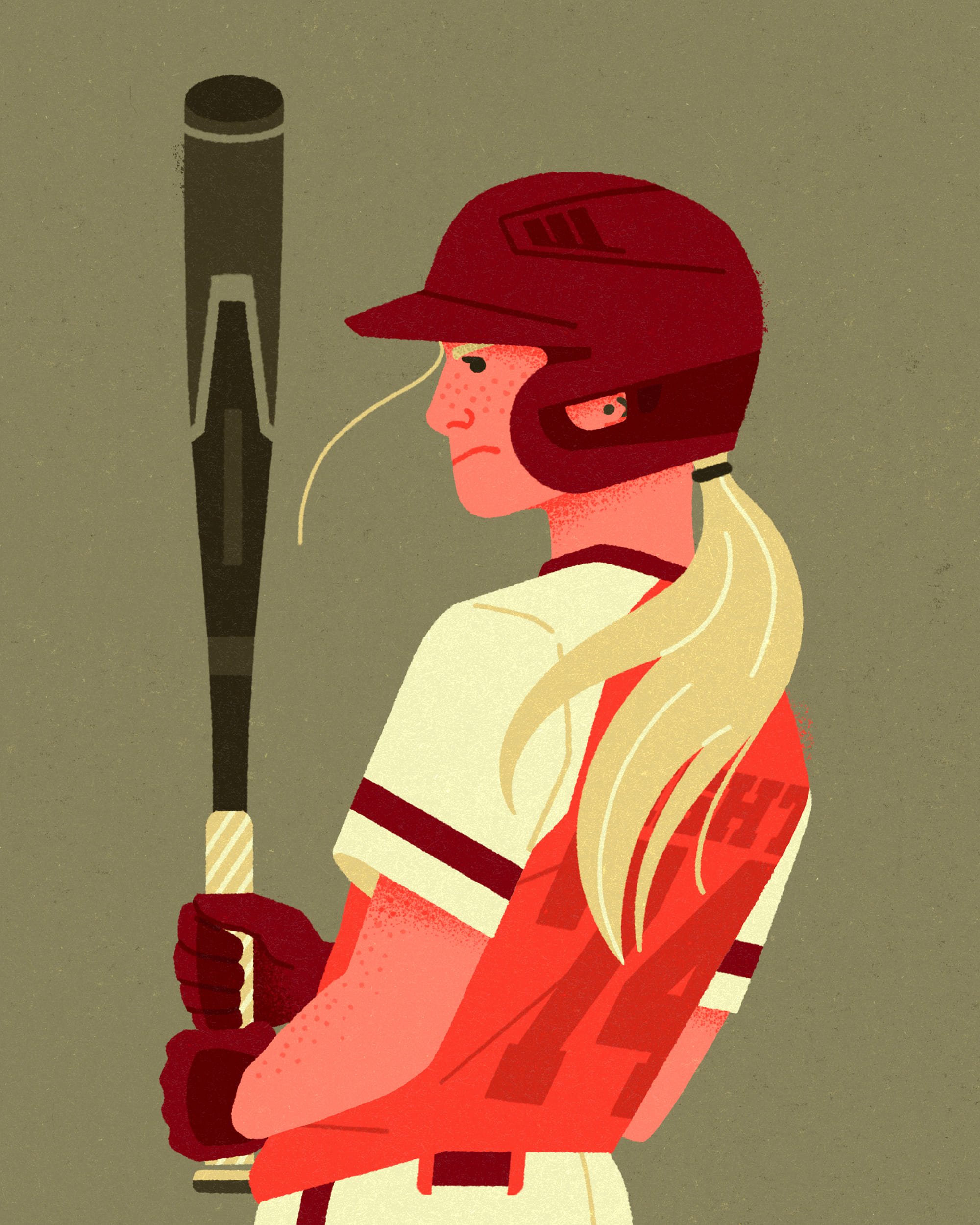 Illustrazione di una ragazza bionda con abbigliamento da softball e caschetto rosso, in posizione di azione, con un mazza da baseball in mano.