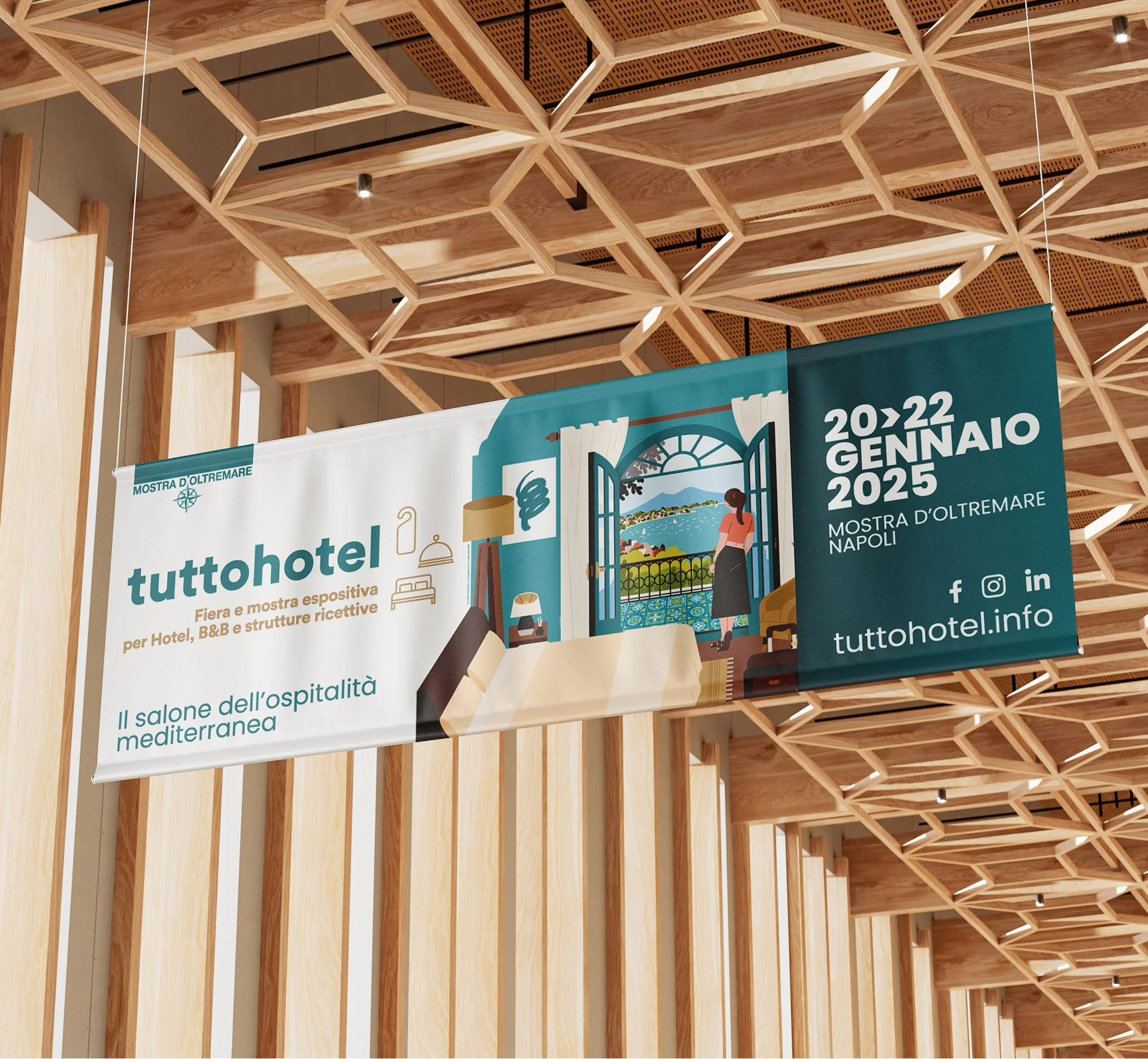 Banner pubblicitario posizionato in salone espositivo per mostra per il mondo dell'ospitalità e degli hotel con illustrazione dedicata al Golfo di Napoli con Vesuvio sullo sfondo e atmosfera estiva.