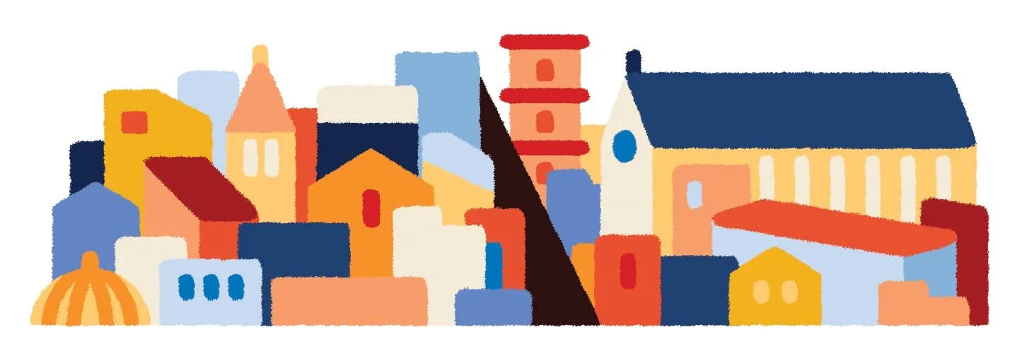 Illustrazione della via che spacca Napoli. Edifici del centro storico della città colorati
