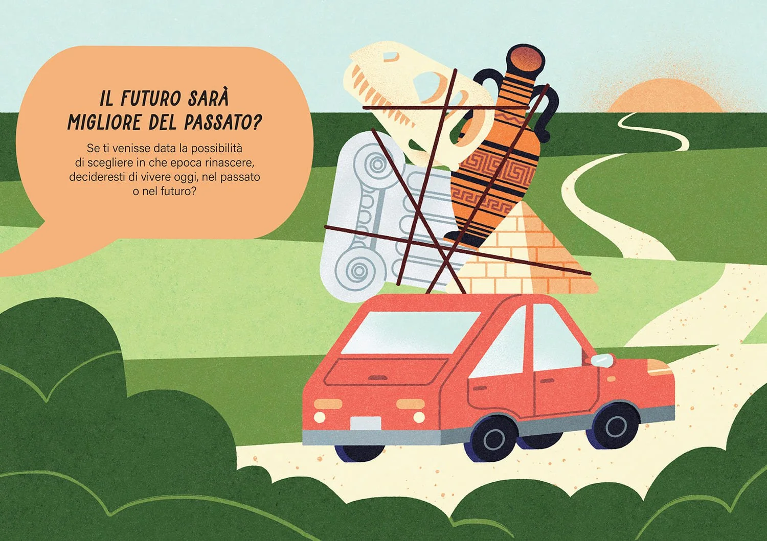 Illustrazione con un'auto rossa che trasporta vari oggetti culturali e archeologici, come colonne, un teschio di dinosauro, una piramide e un vaso, lungo una strada di campagna al tramonto.