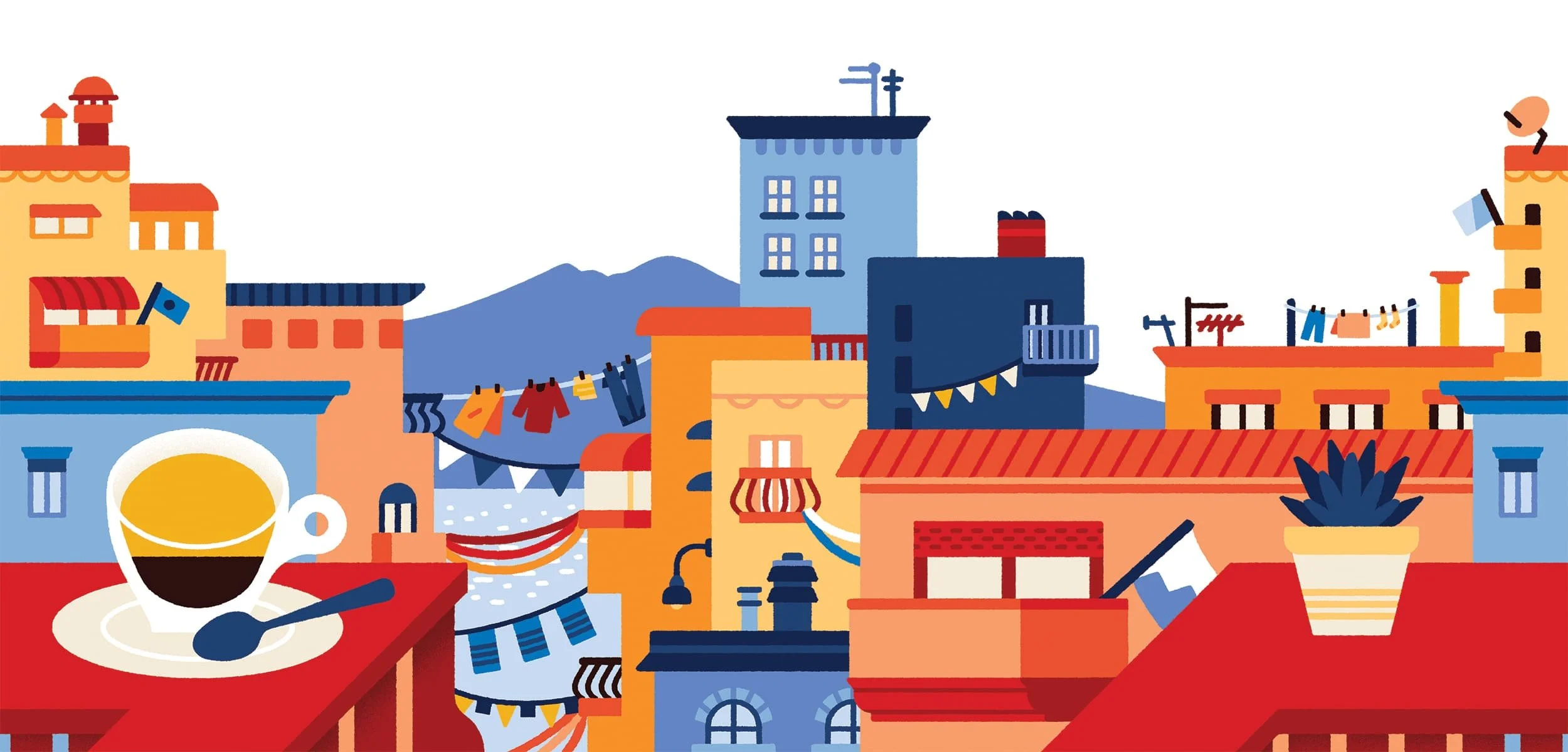 Illustrazione di Napoli, dei suoi quartieri, case ed edifici colorati, festoni, bandiere e panni stesi. Sullo sfondo il Golfo, il Vesuvio e il mare. In primo piano un balcone con una tazzina di caffè e una pianta in vaso