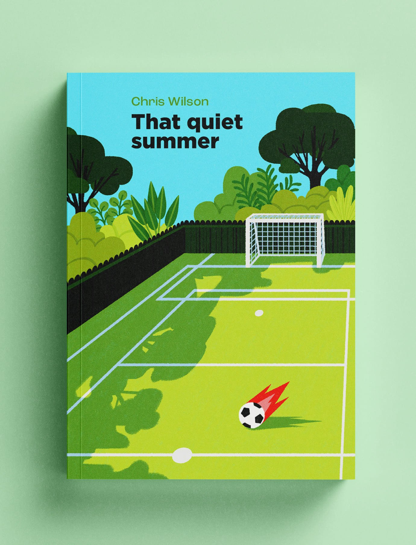 Copertina di un libro con illustrazione di un campo da calcio, porta e un pallone che ha preso fuoco. Sullo sfondo sono presenti alberi.