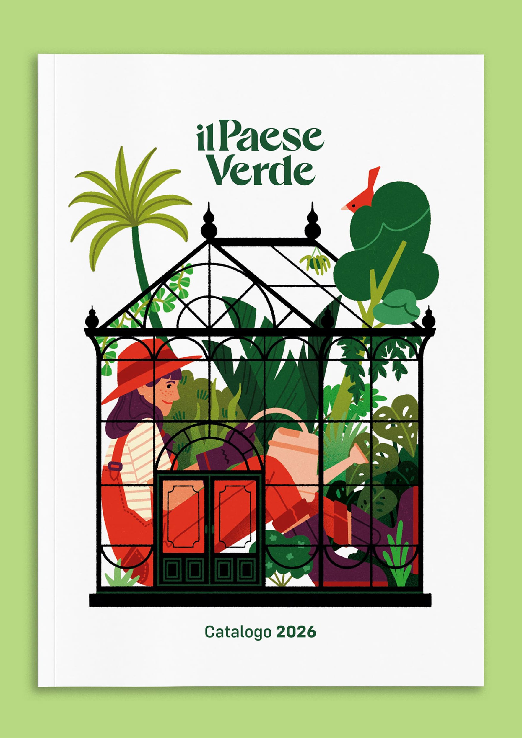 La copertina del catalogo 2026 di "Il Paese Verde" con un'illustrazione di una serra con piante e una donna con cappello rosso che le annaffia e se ne prende cura.